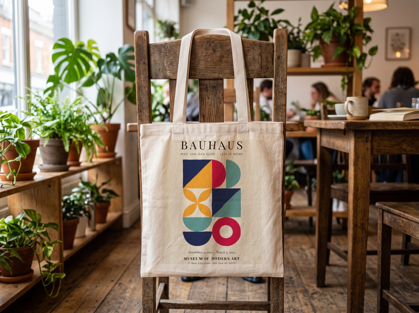 Natural Tote Bag on a Wooden Cafe Chair showing a Bauhaus Less is More print