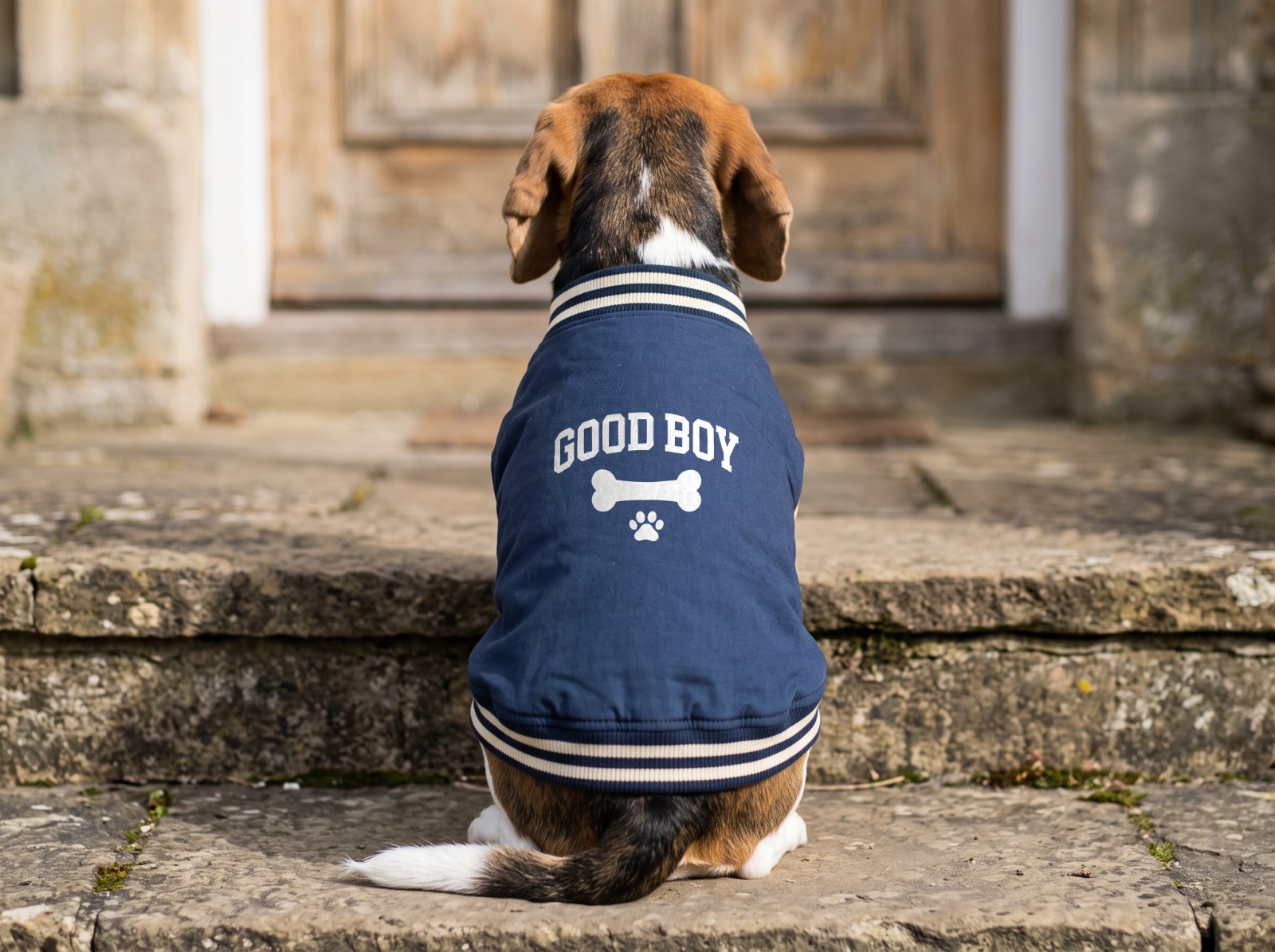 Navy Dog Varsity Jacket Mockup on a Beagle on Stone Steps example