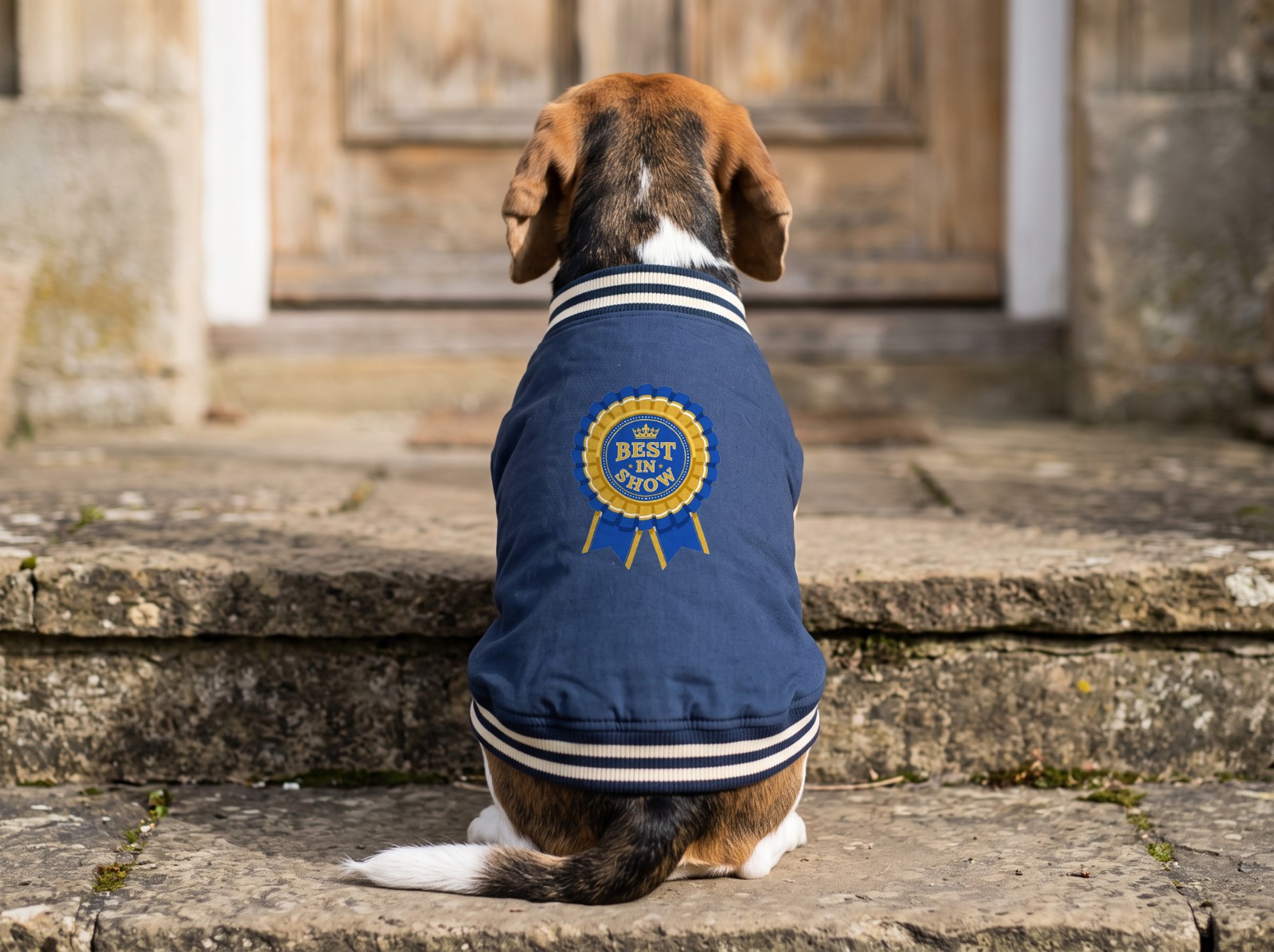 Navy Dog Varsity Jacket on a Beagle on Stone Steps showing a Best in Show rosette badge