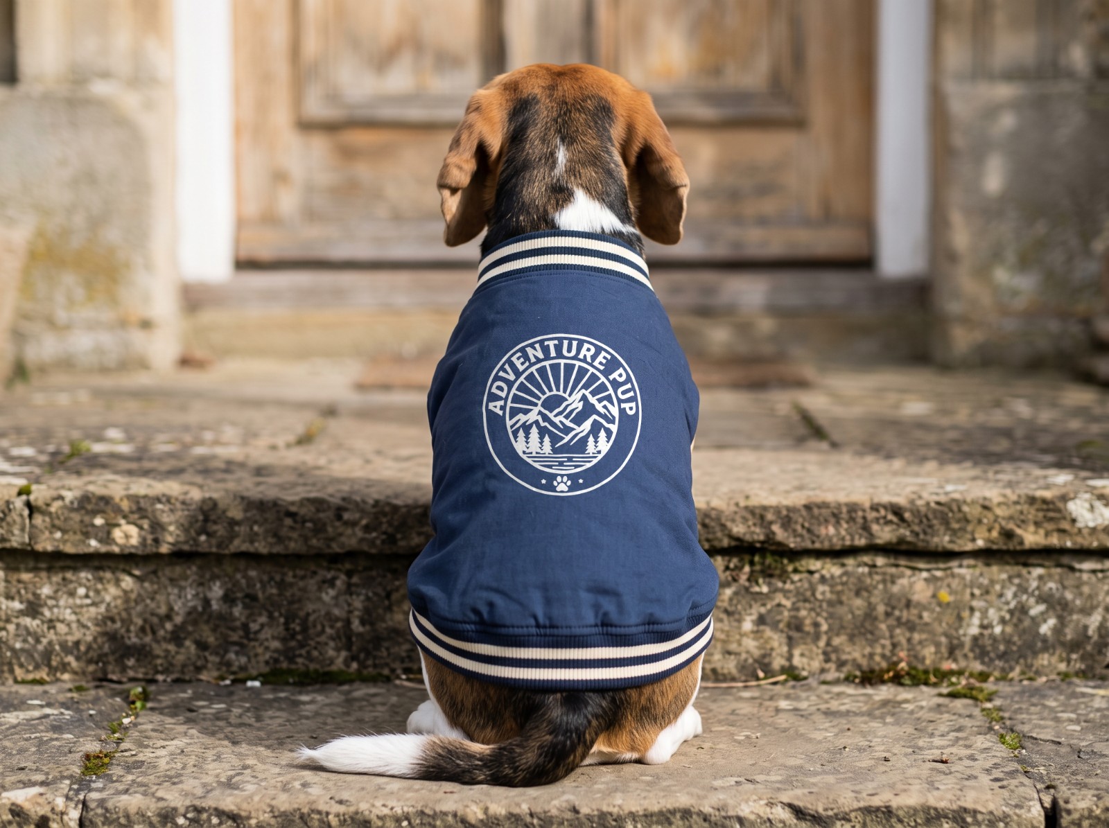 Navy Dog Varsity Jacket on a Beagle on Stone Steps showing a white-ink Adventure Pup mountain badge