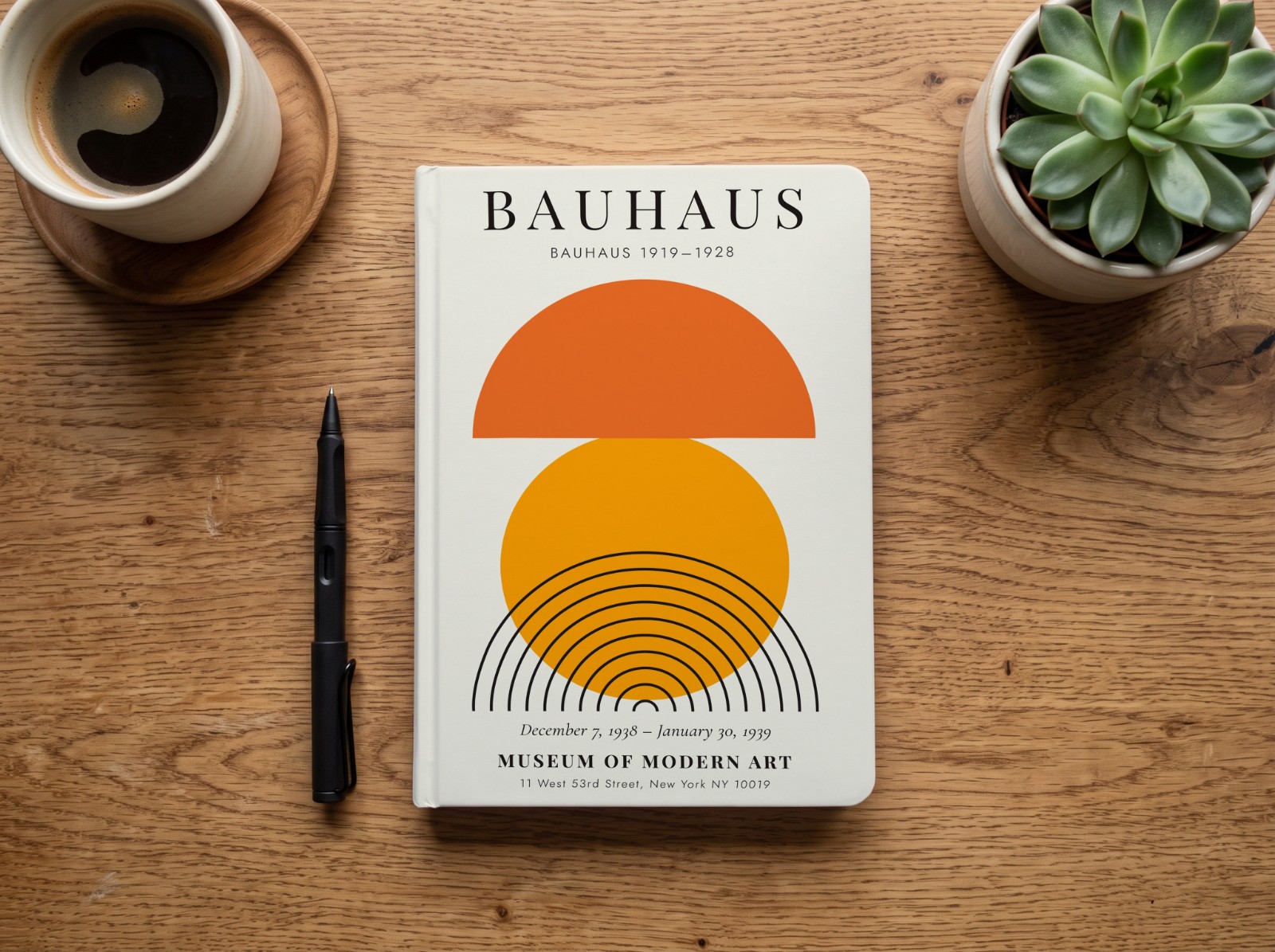Notebook Cover on a Wooden Desk showing a Bauhaus sun print