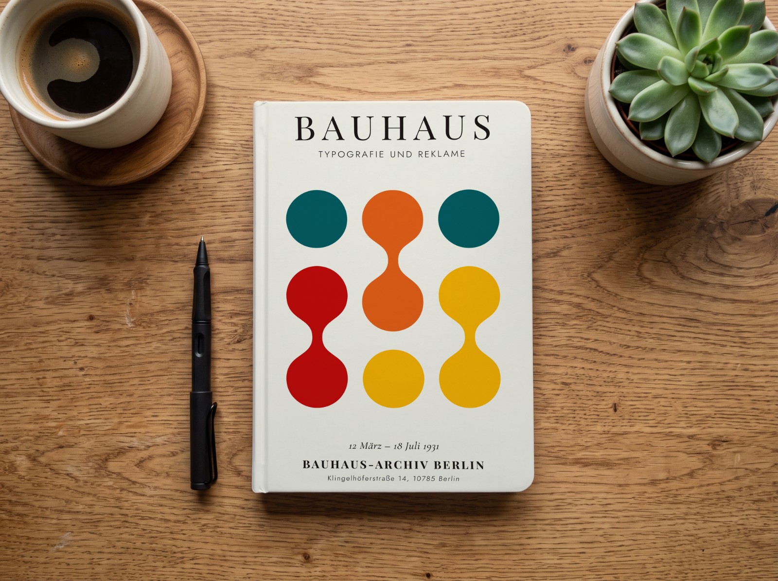 Notebook Cover on a Wooden Desk showing a Bauhaus Typografie print