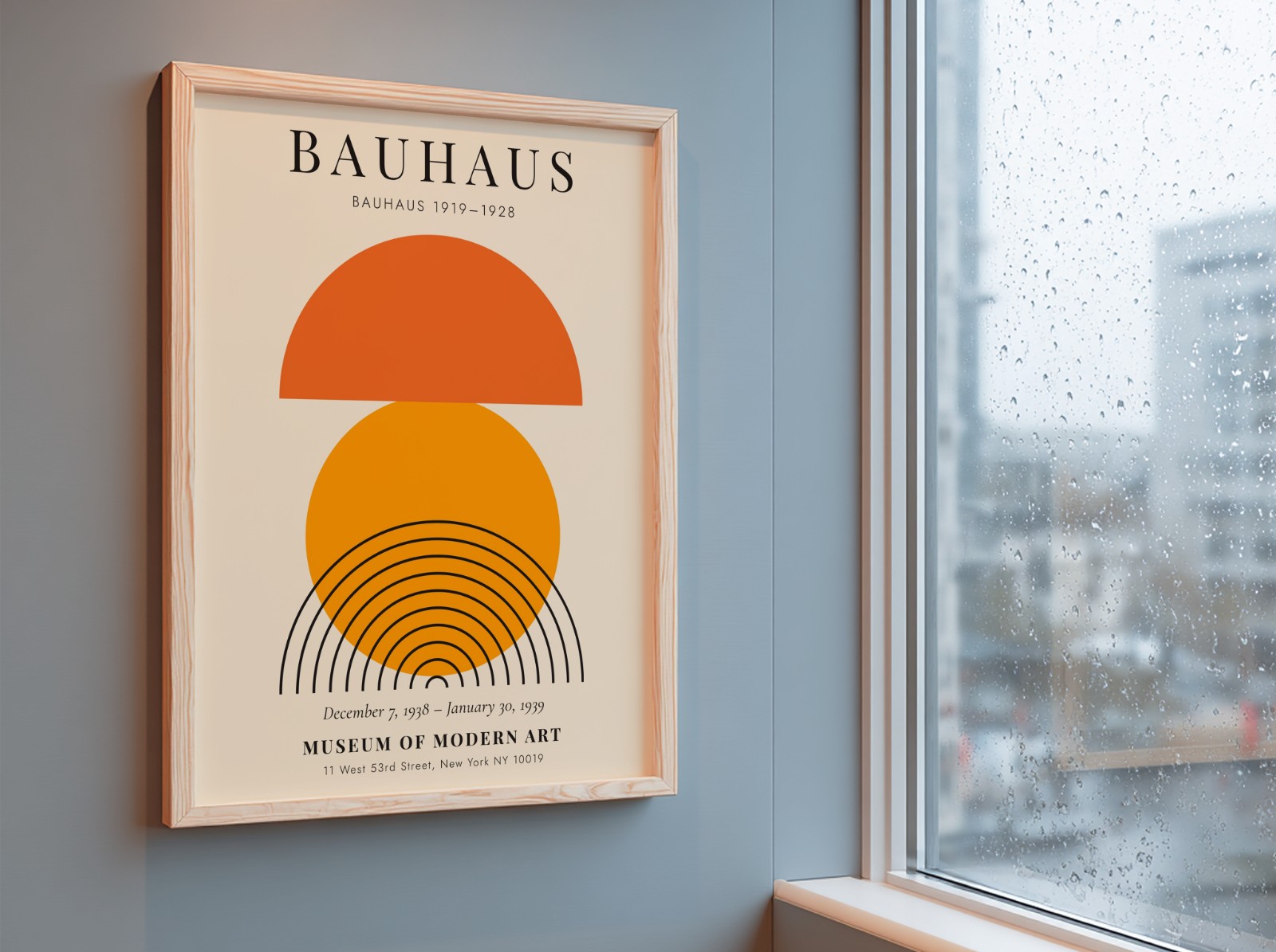Oak Frame on Blue Wall by Rainy Window showing a Bauhaus sun print