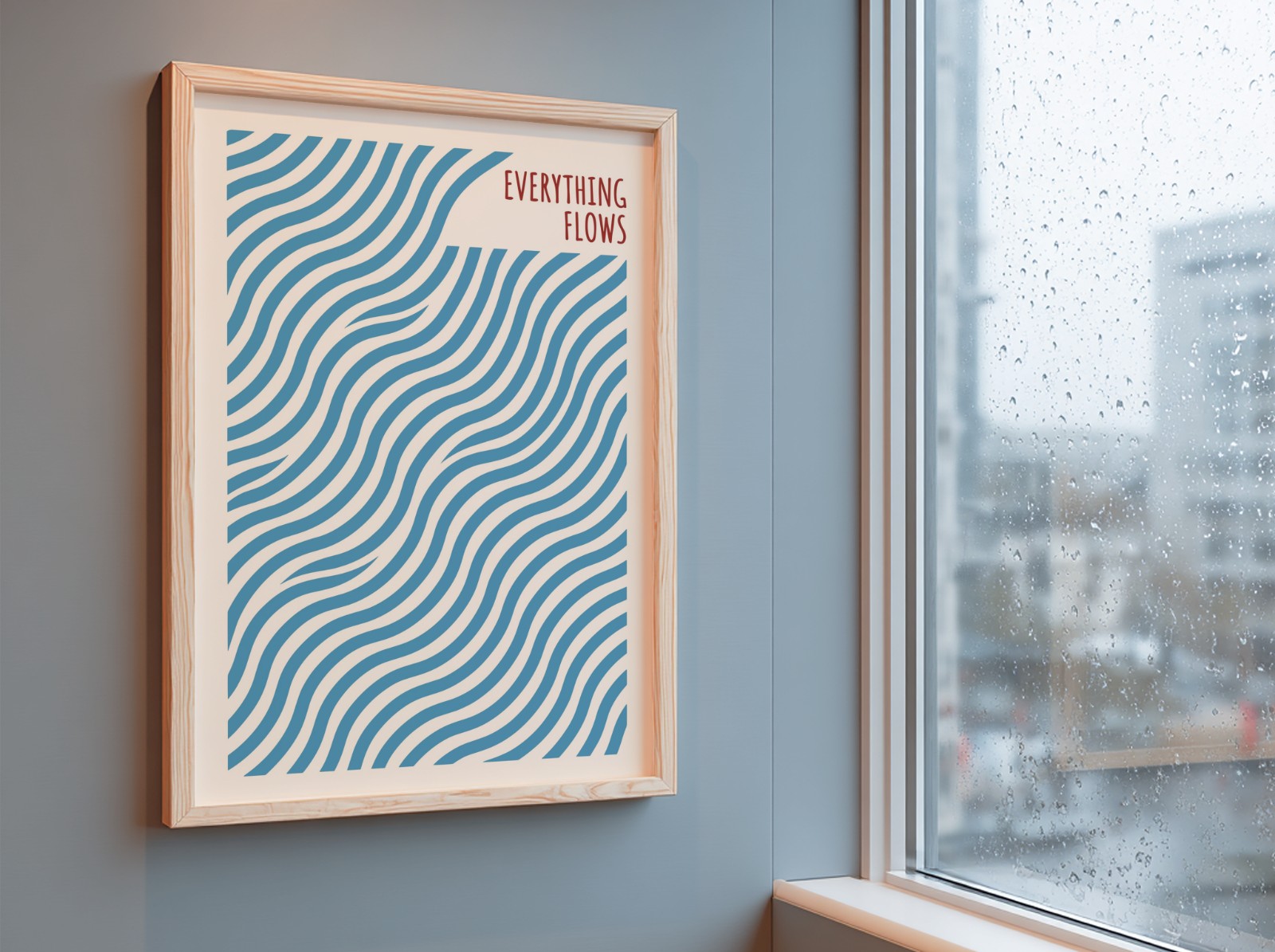 Oak Frame on Blue Wall by Rainy Window showing an Everything Flows wave print