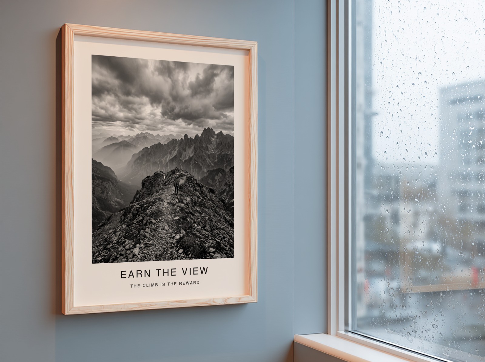 Oak Frame on Blue Wall by Rainy Window showing a black and white mountain print