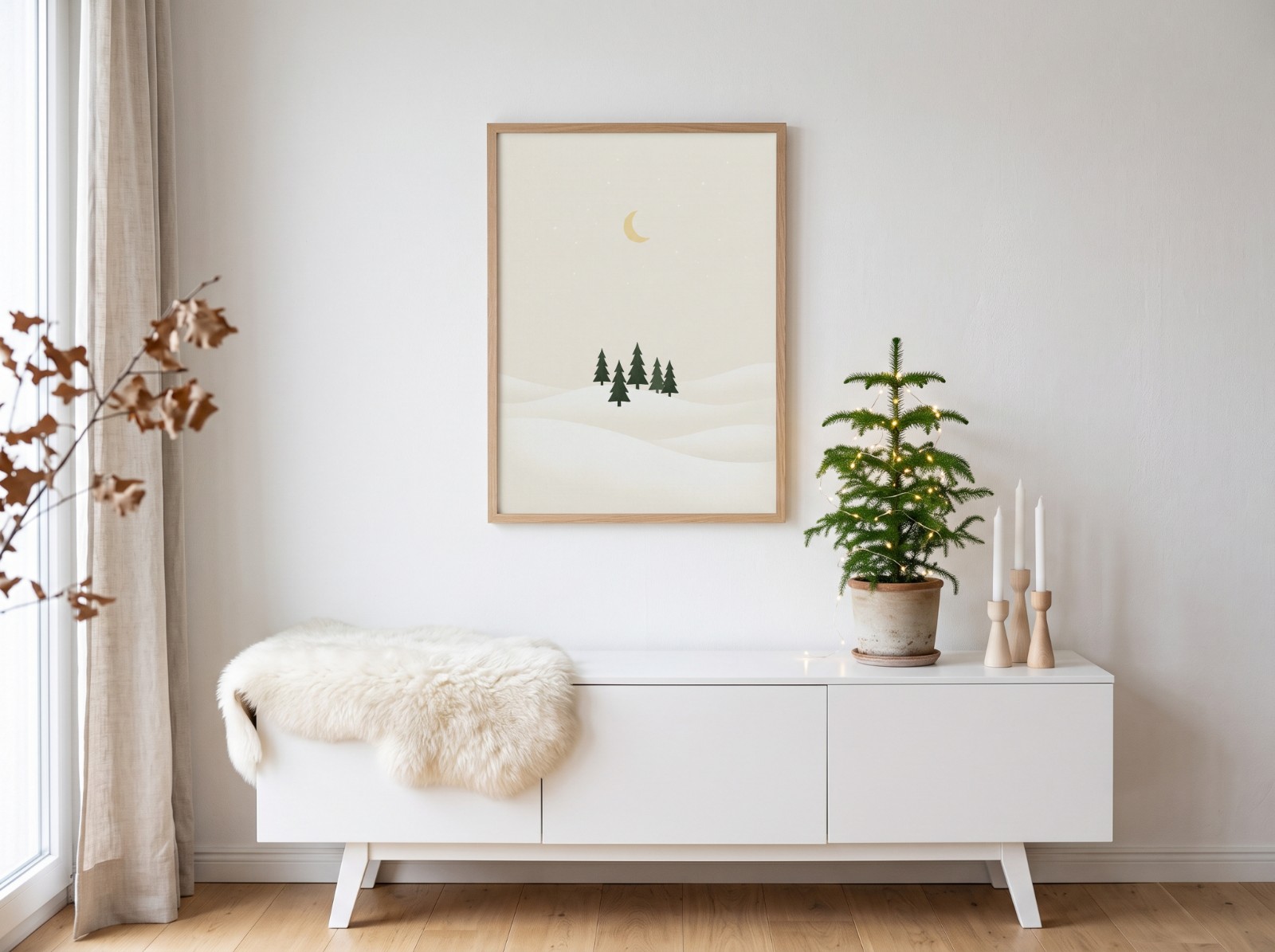 Oak Frame Christmas Poster Mockup in a Nordic Minimal Room with a Potted Pine example