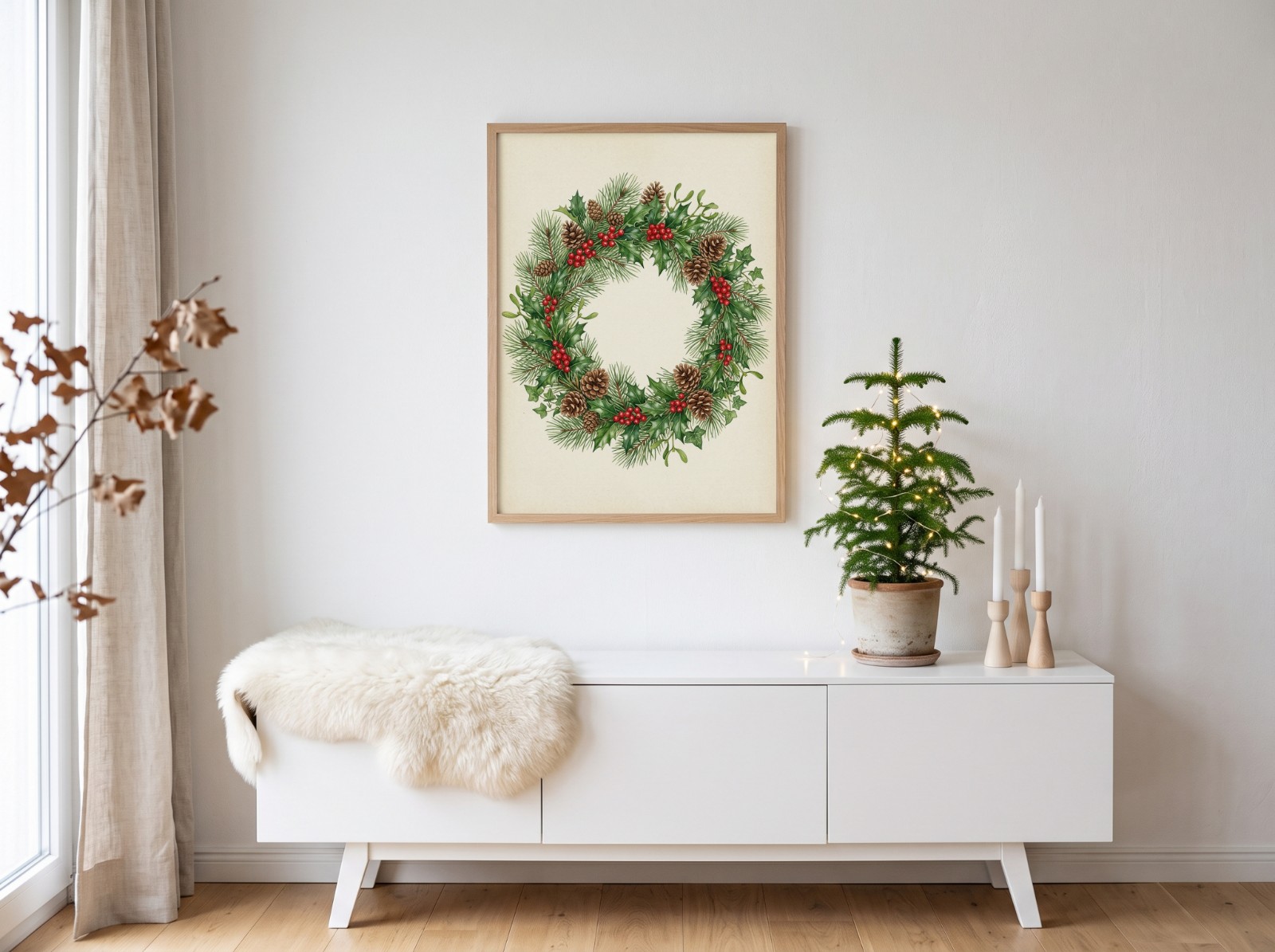Oak Frame Christmas Poster in a Nordic Minimal Room with a Potted Pine showing a watercolour Christmas wreath print