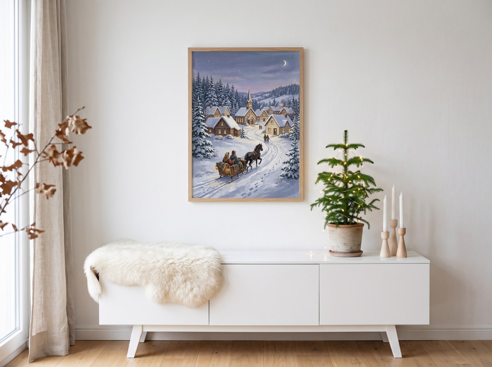 Oak Frame Christmas Poster in a Nordic Minimal Room with a Potted Pine showing a vintage snowy winter village painting