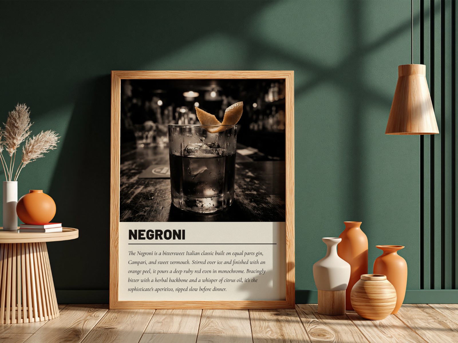Oak Frame on Dark Green Wall with Vases showing a Negroni cocktail print