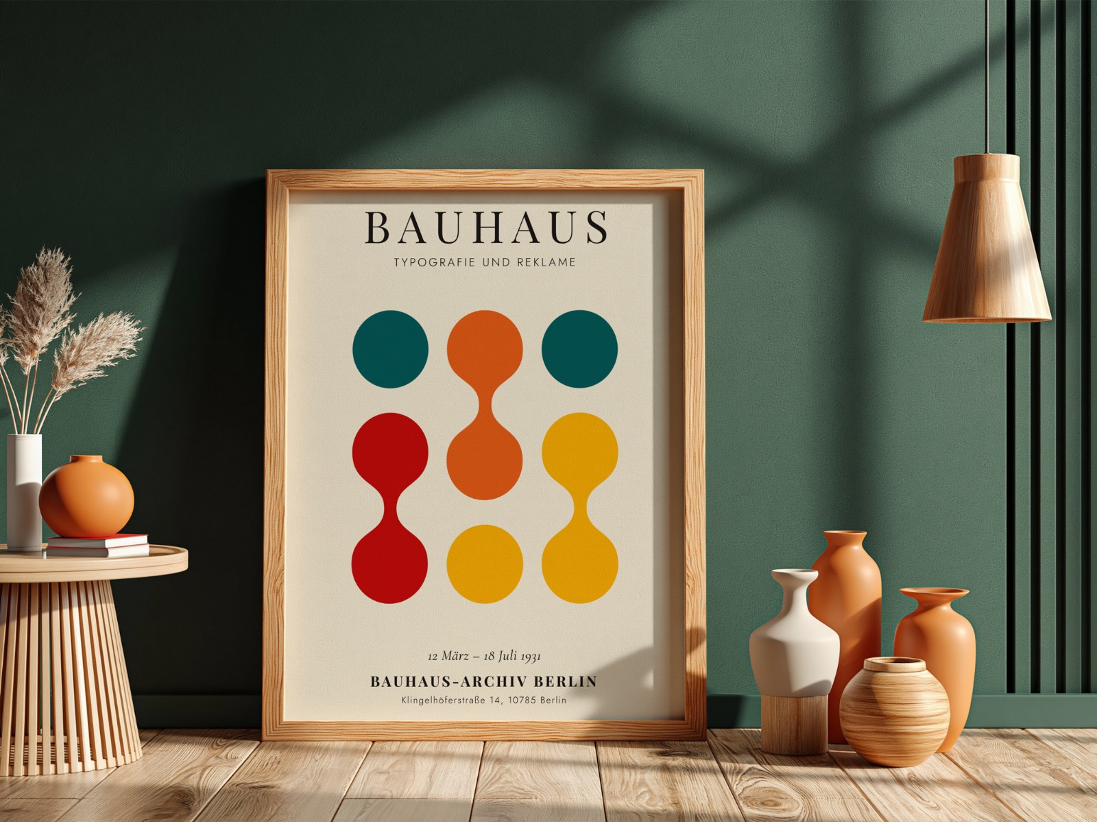 Oak Frame on Dark Green Wall with Vases showing a Bauhaus circles print