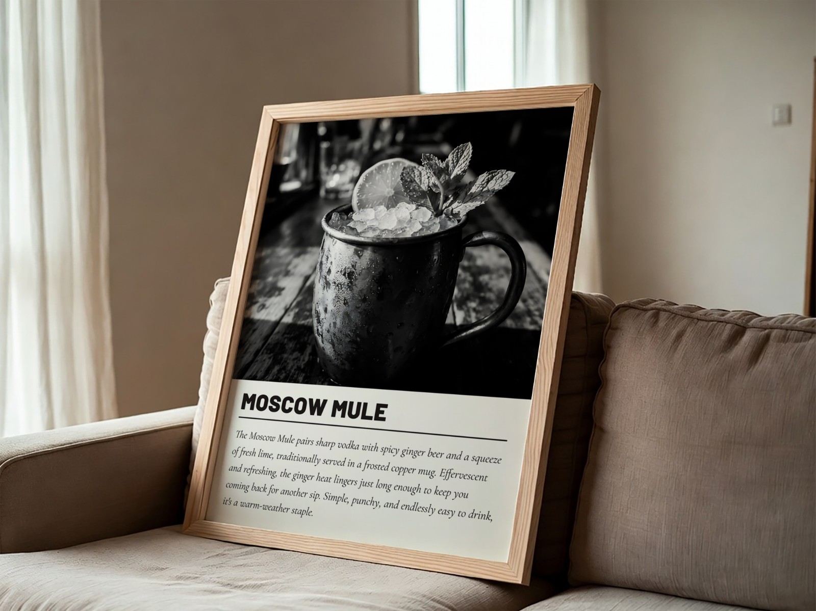 Oak Frame Leaning on Grey Sofa showing a Moscow Mule cocktail print