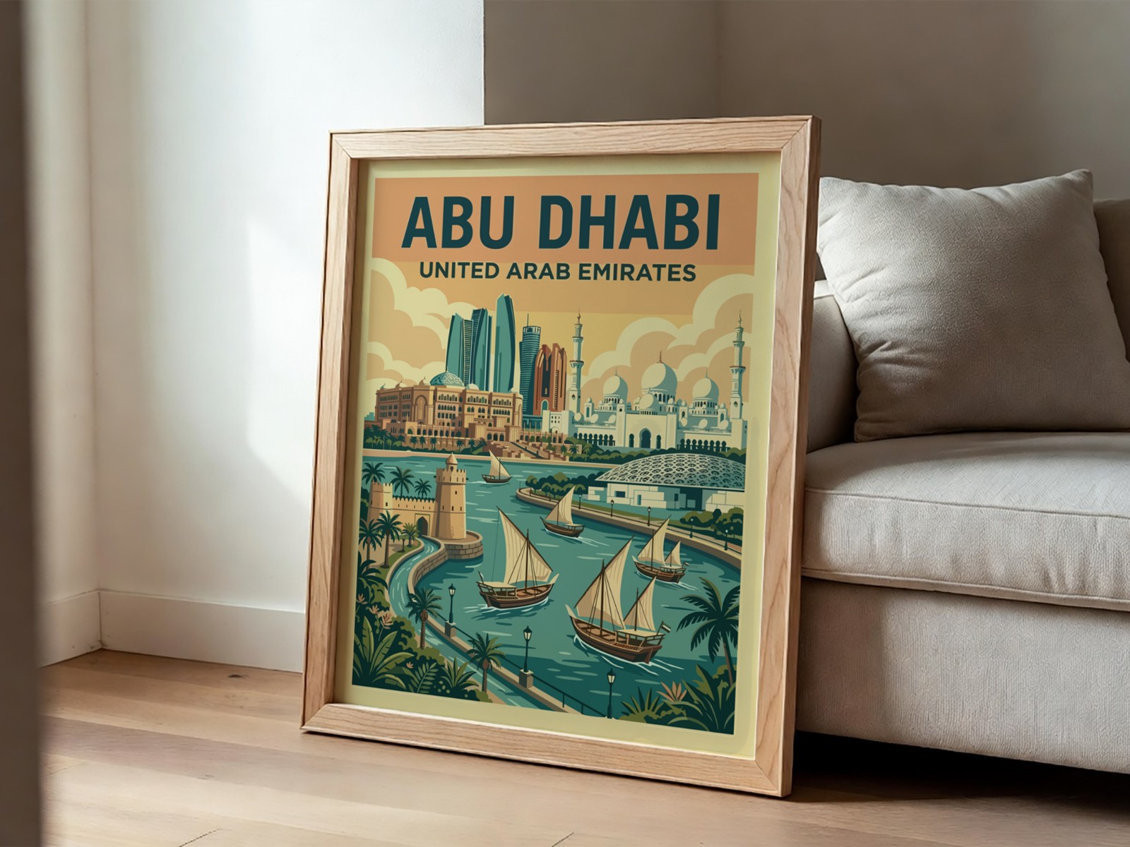 Oak Frame Leaning on Beige Sofa showing an Abu Dhabi travel poster