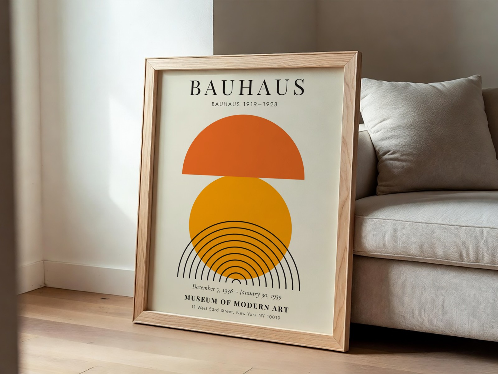 Oak Frame Leaning on Beige Sofa showing a Bauhaus sun print