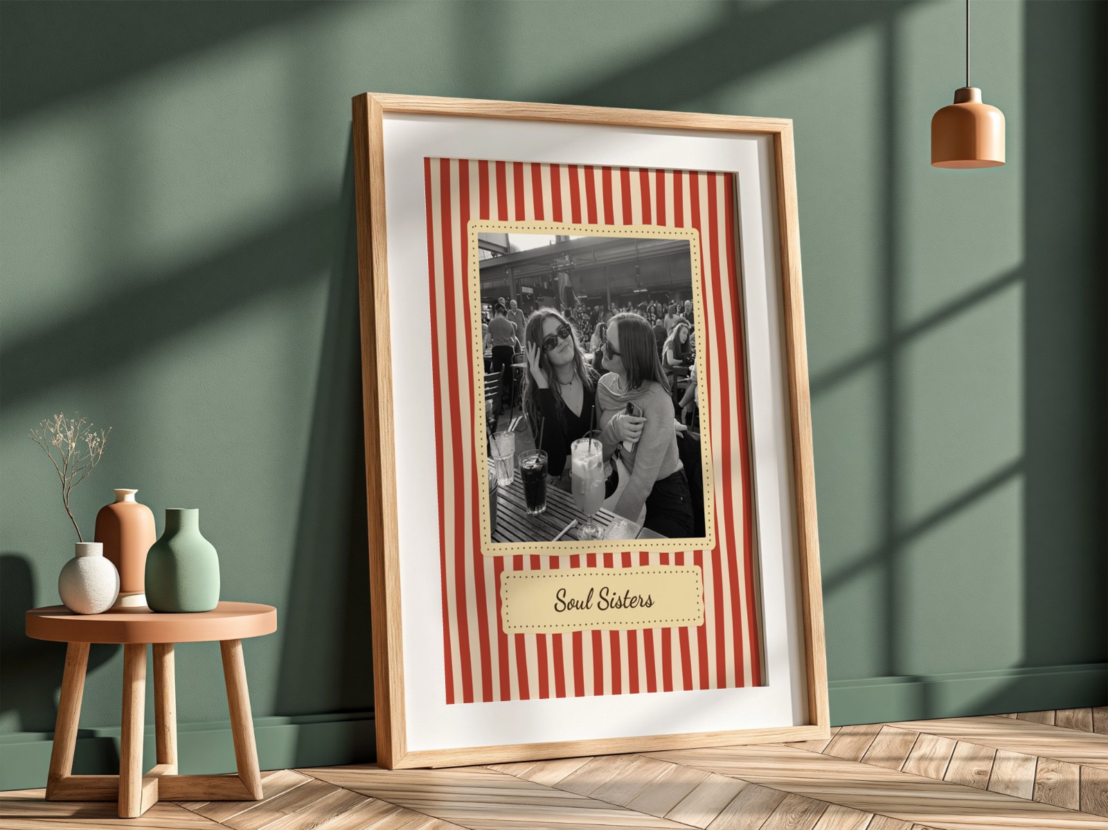 Oak Frame with Mat on Sage Green Wall showing a retro Soul Sisters print