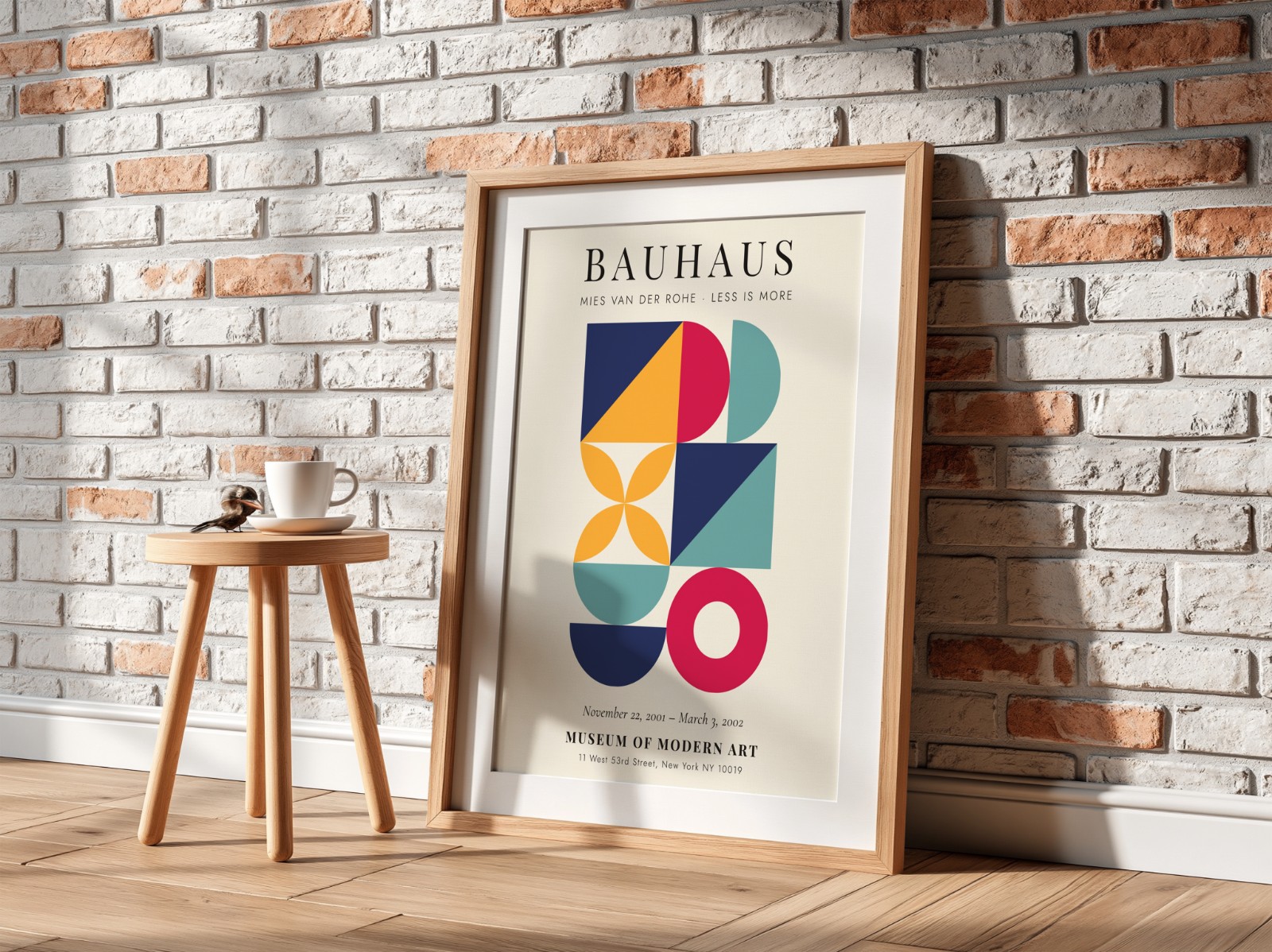 Oak Frame with Mat on White Brick Wall showing a Bauhaus geometric print