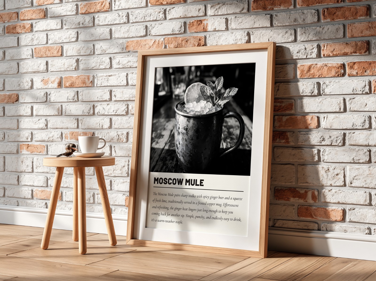 Oak Frame with Mat on White Brick Wall showing a Moscow Mule cocktail print