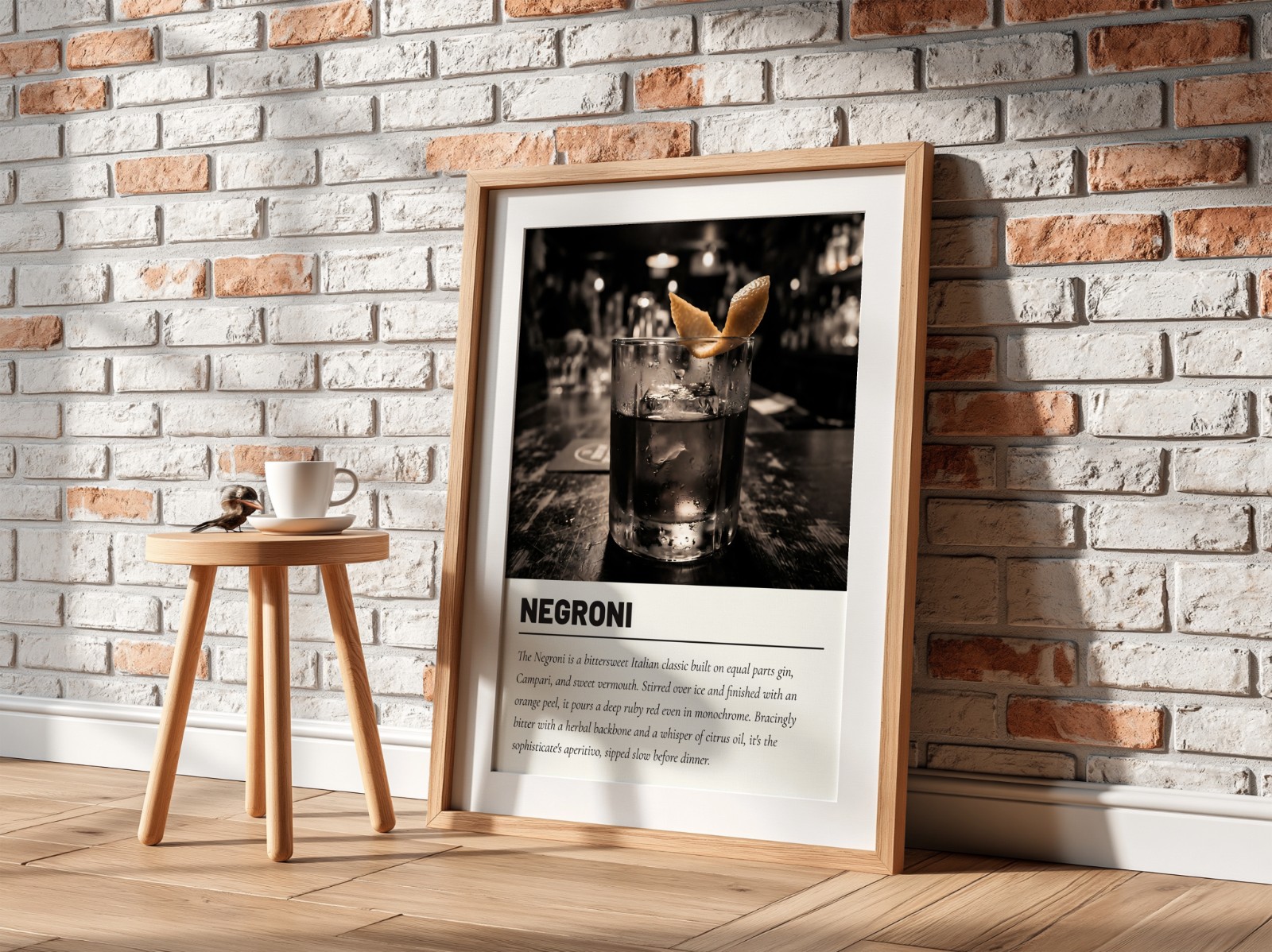 Oak Frame with Mat on White Brick Wall showing a Negroni cocktail print