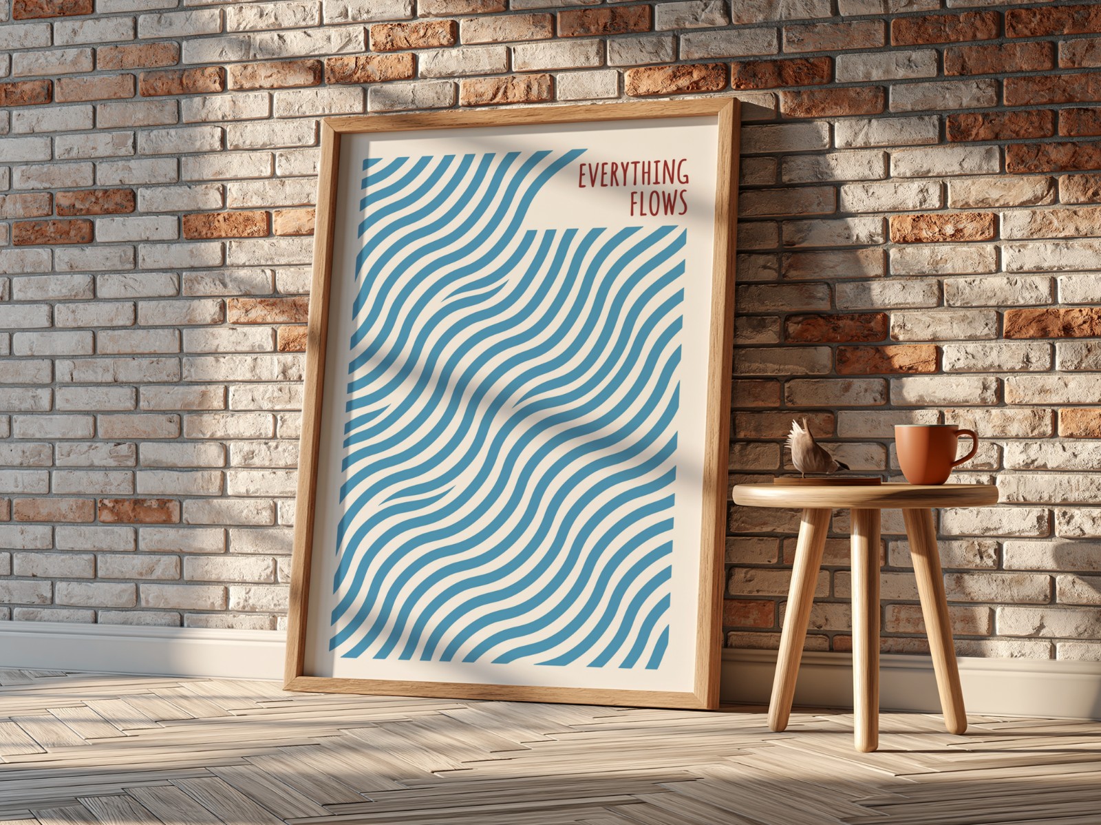 Oak Frame on Red Brick Wall, Angle View showing an Everything Flows wave print