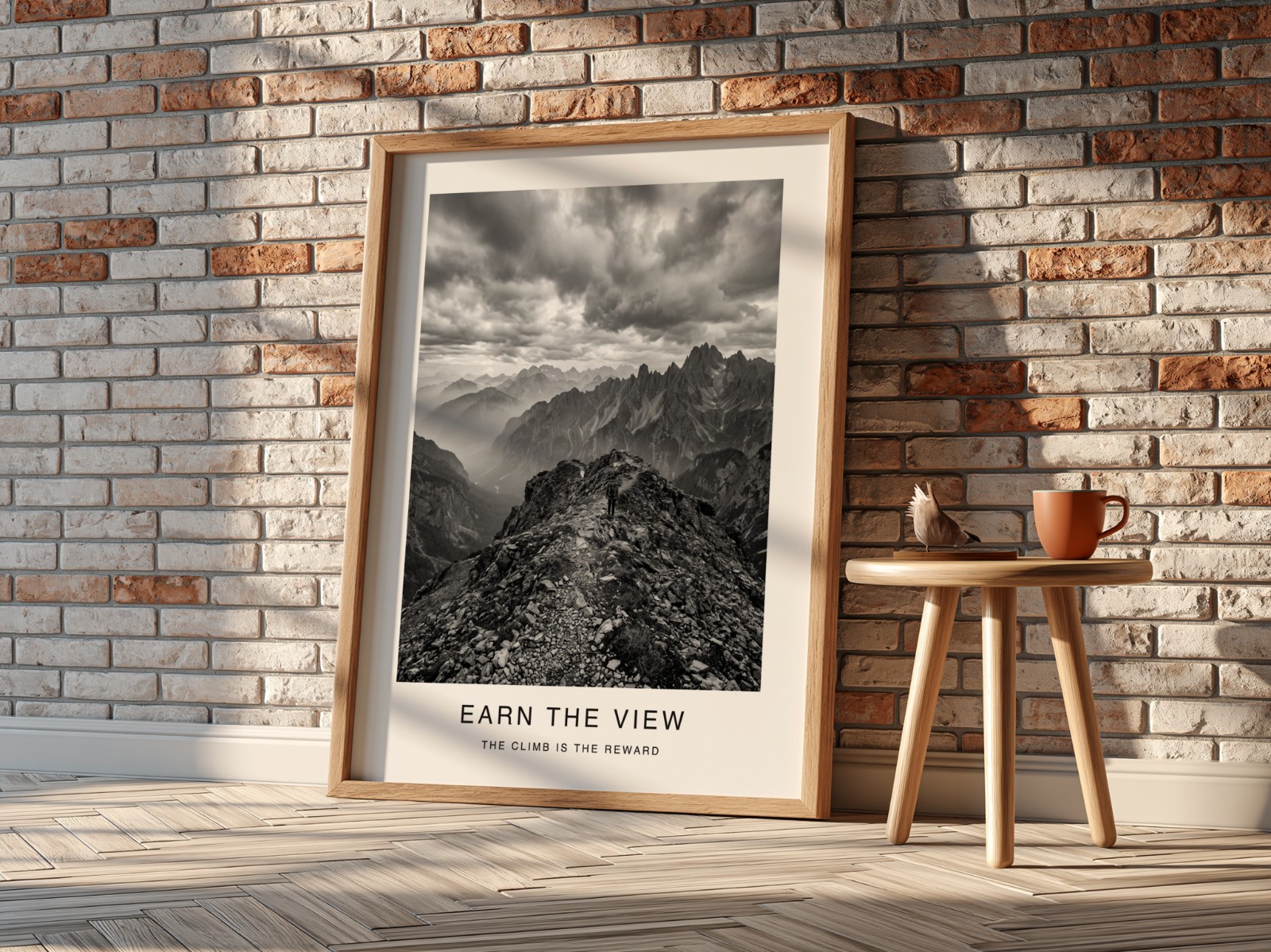 Oak Frame on Red Brick Wall, Angle View showing a black and white mountain print