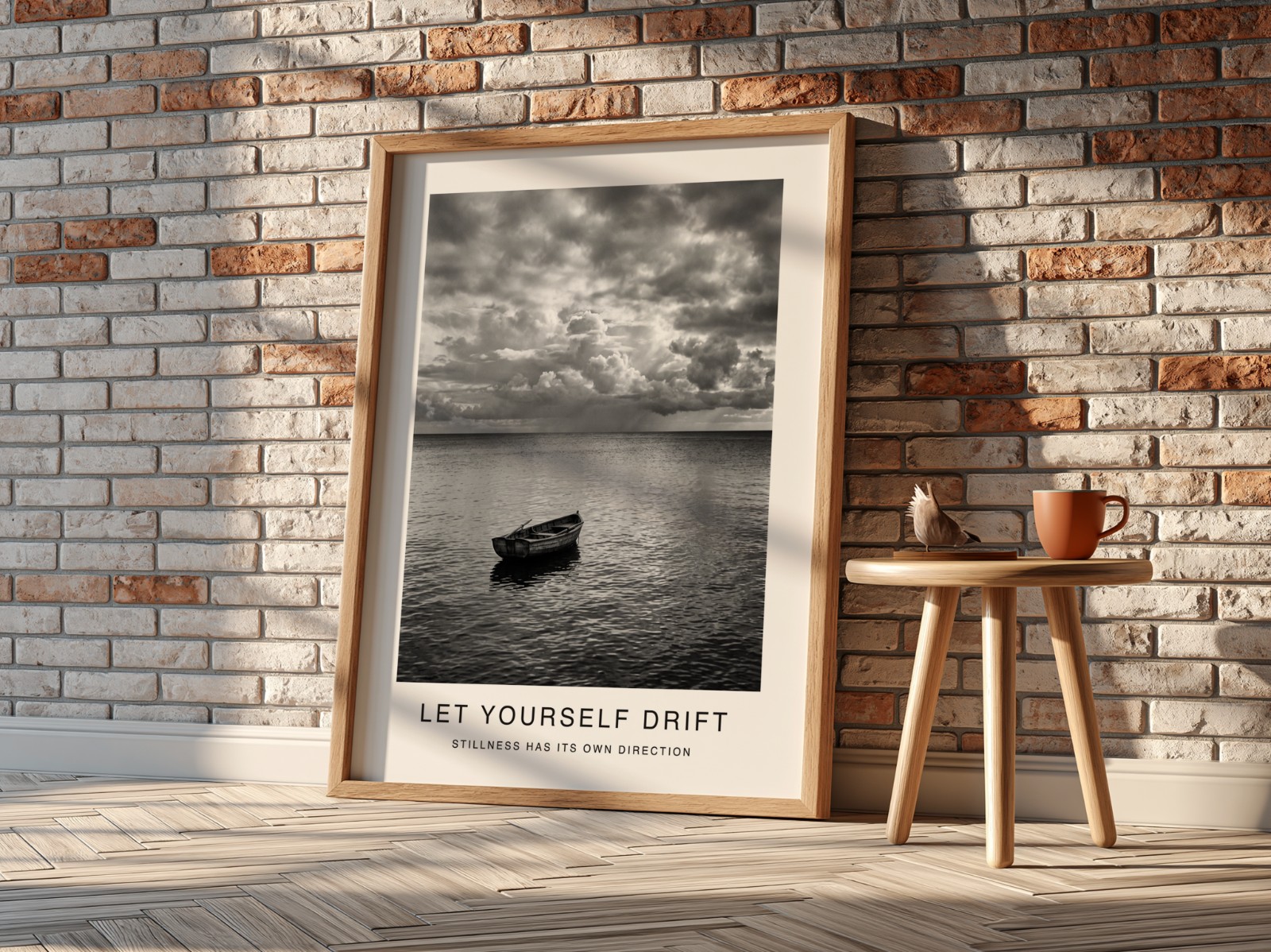 Oak Frame on Red Brick Wall, Angle View showing a black and white seascape print