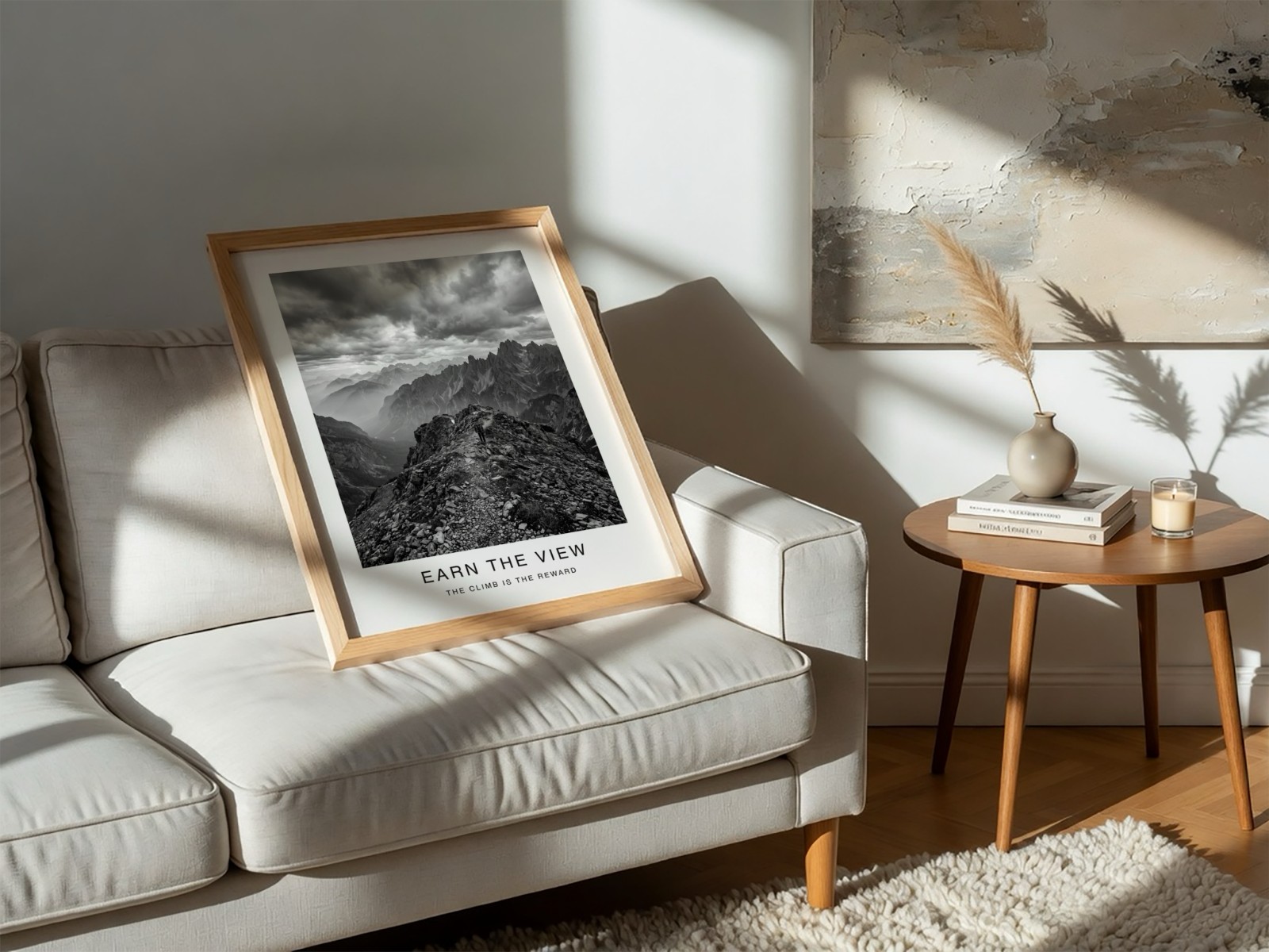 Oak Frame Resting on White Sofa showing a black and white mountain print