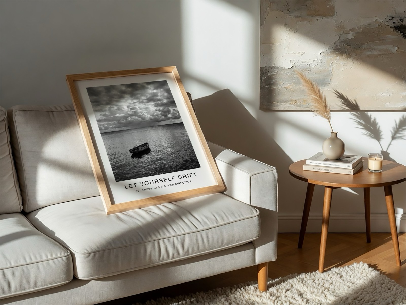 Oak Frame Resting on White Sofa showing a black and white seascape print