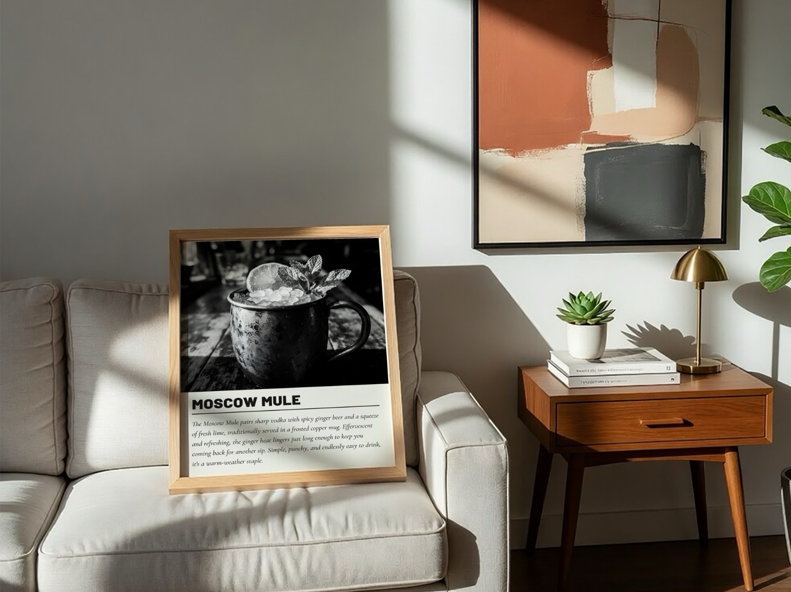 Oak Frame on Sofa with Abstract Art showing a Moscow Mule cocktail print