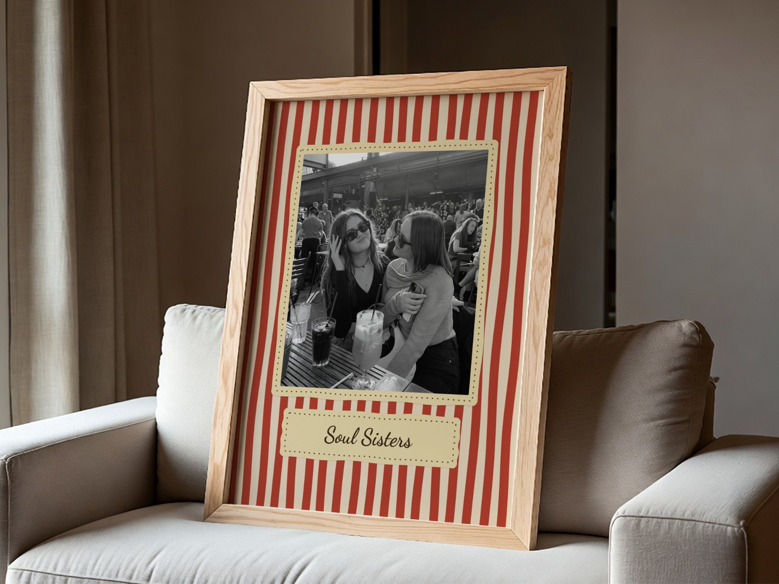 Oak Frame on White Armchair showing a retro Soul Sisters print