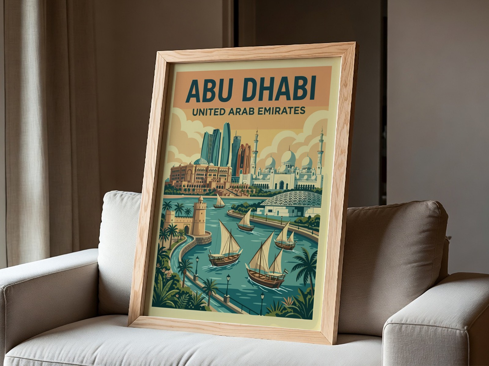 Oak Frame on White Armchair showing an Abu Dhabi travel poster