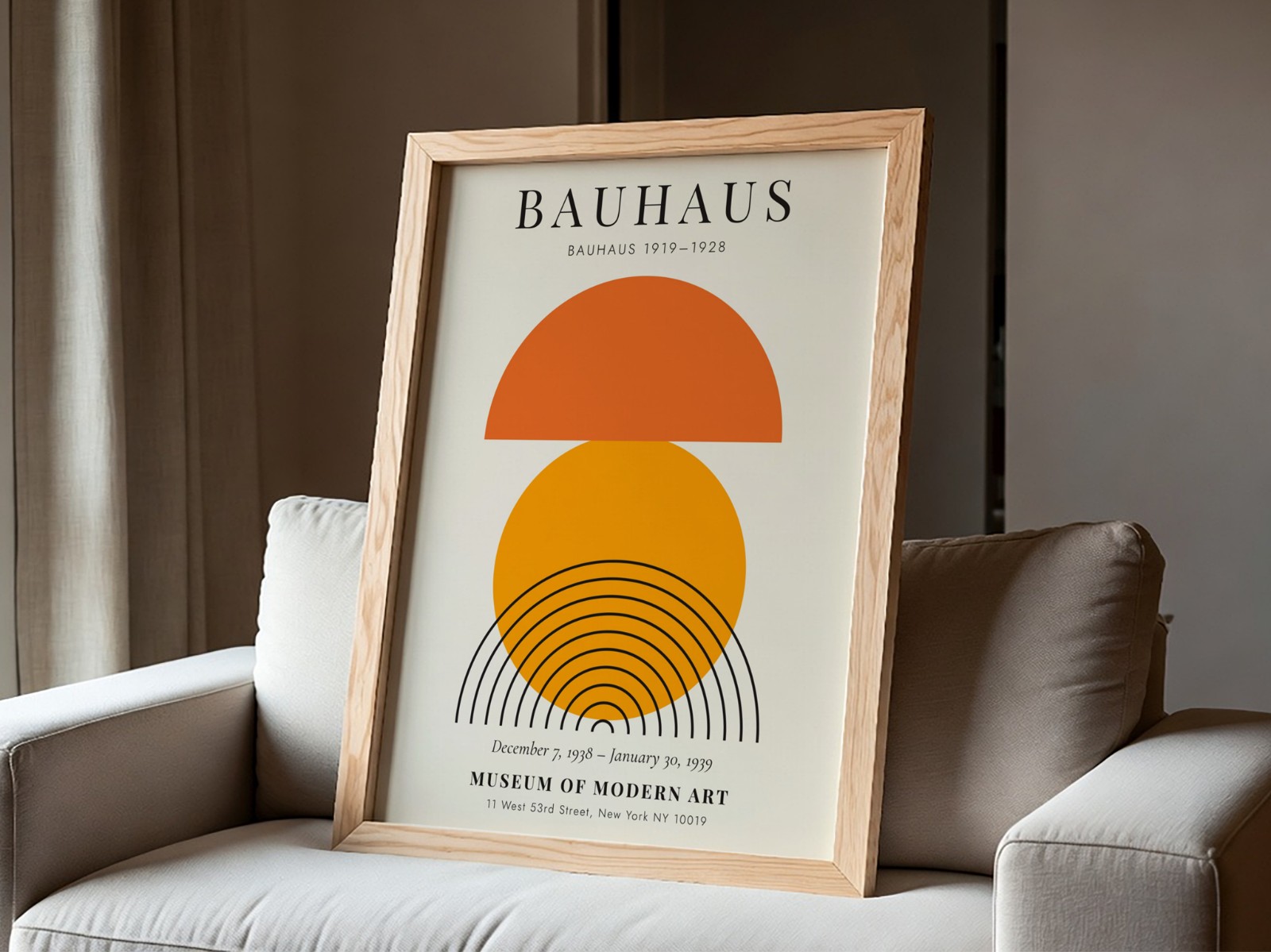 Oak Frame on White Armchair showing a Bauhaus sun print