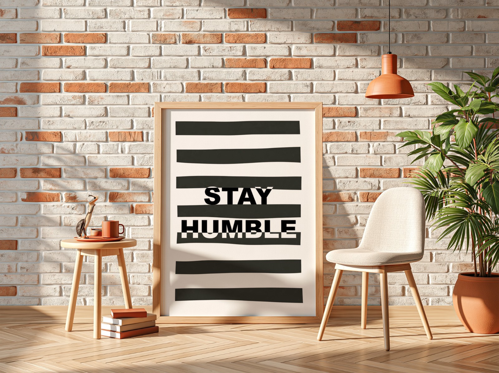 Oak Frame on White Brick Wall, Straight View showing a Stay Humble typography print