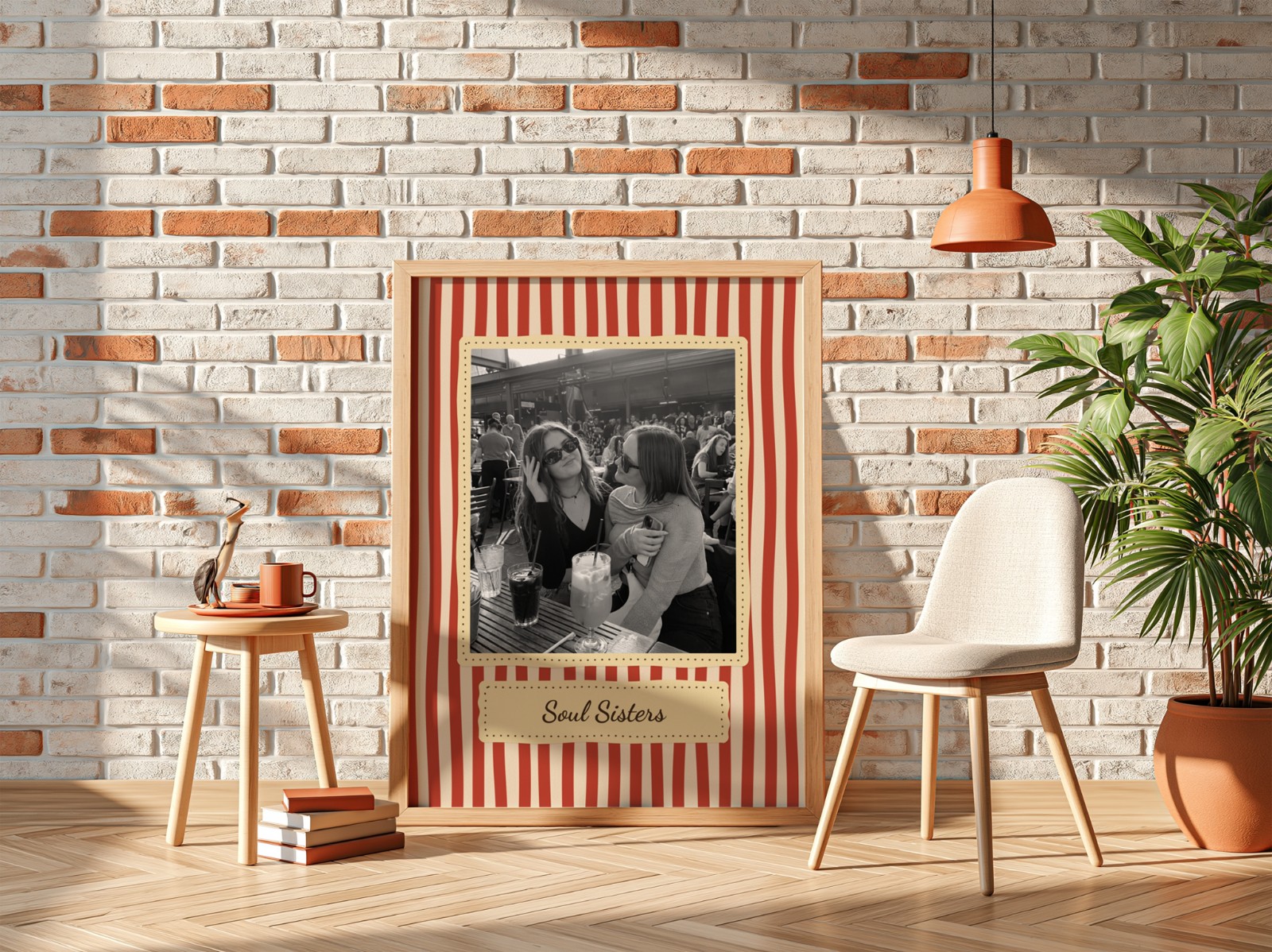 Oak Frame on White Brick Wall, Straight View showing a retro Soul Sisters print