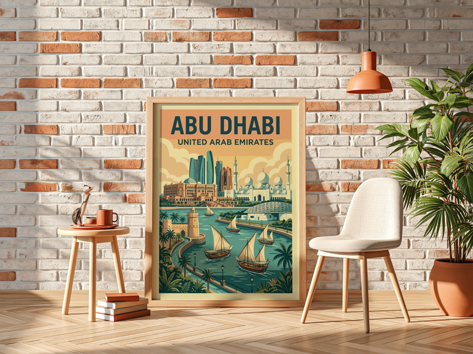 Oak Frame on White Brick Wall, Straight View showing an Abu Dhabi travel poster