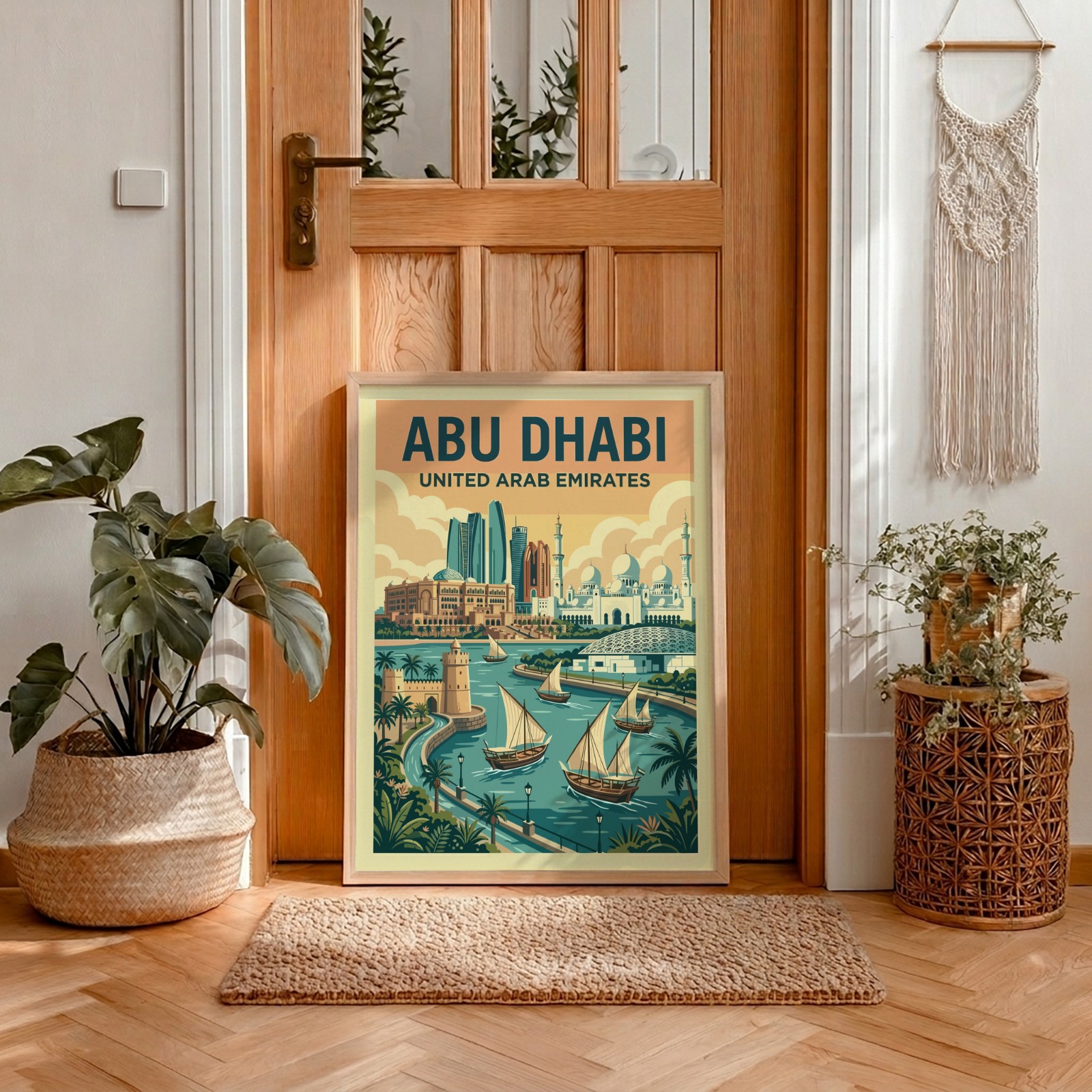 Oak Frame by a Wooden Front Door showing an Abu Dhabi travel poster