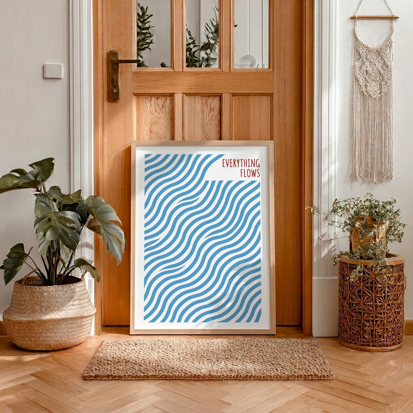 Oak Frame by a Wooden Front Door showing an Everything Flows wave print