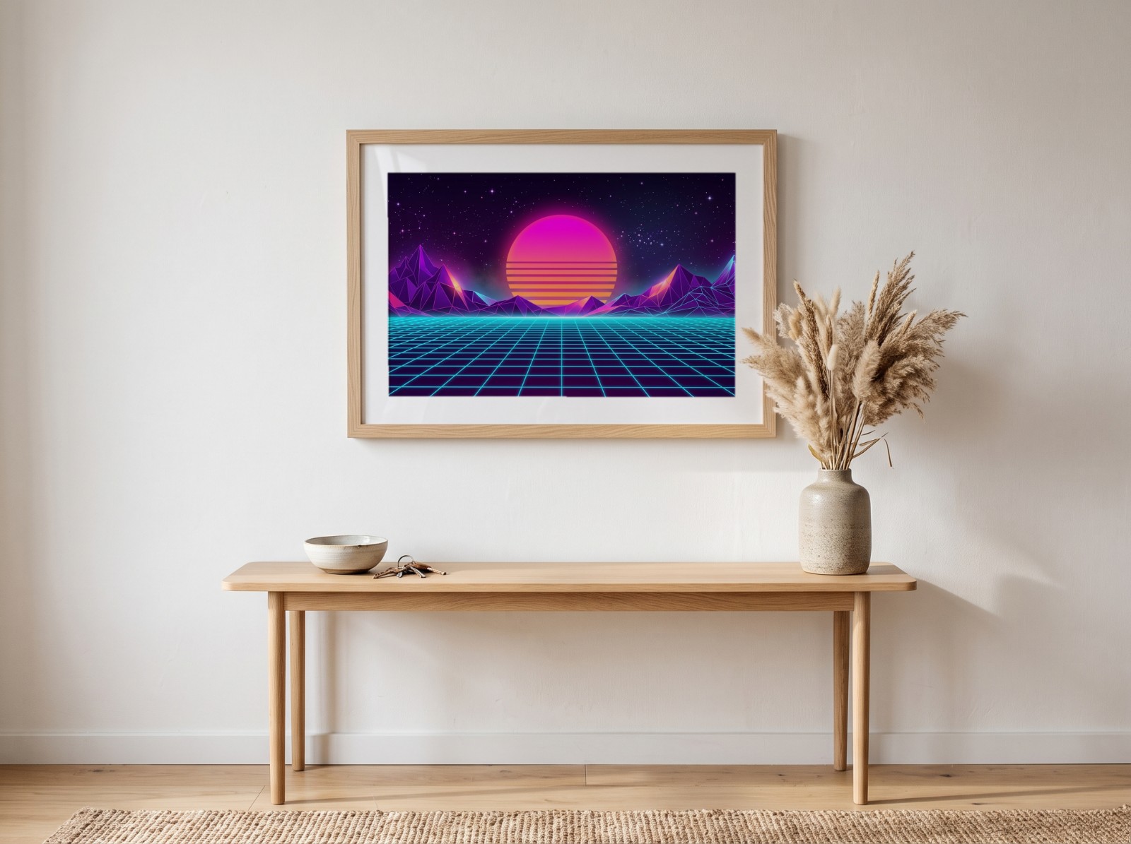 Oak Landscape Frame with a White Mat in an Entryway showing a neon synthwave landscape