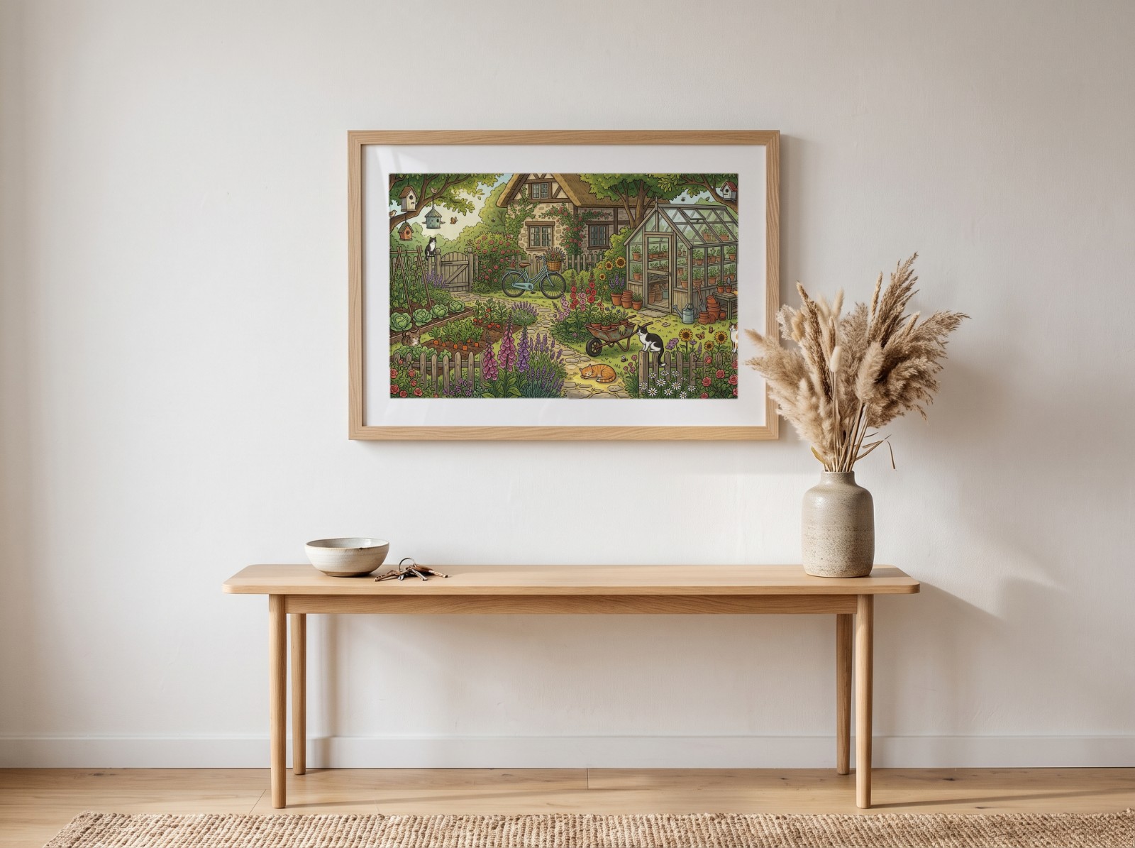 Oak Landscape Frame with a White Mat in an Entryway showing a cottage garden illustration