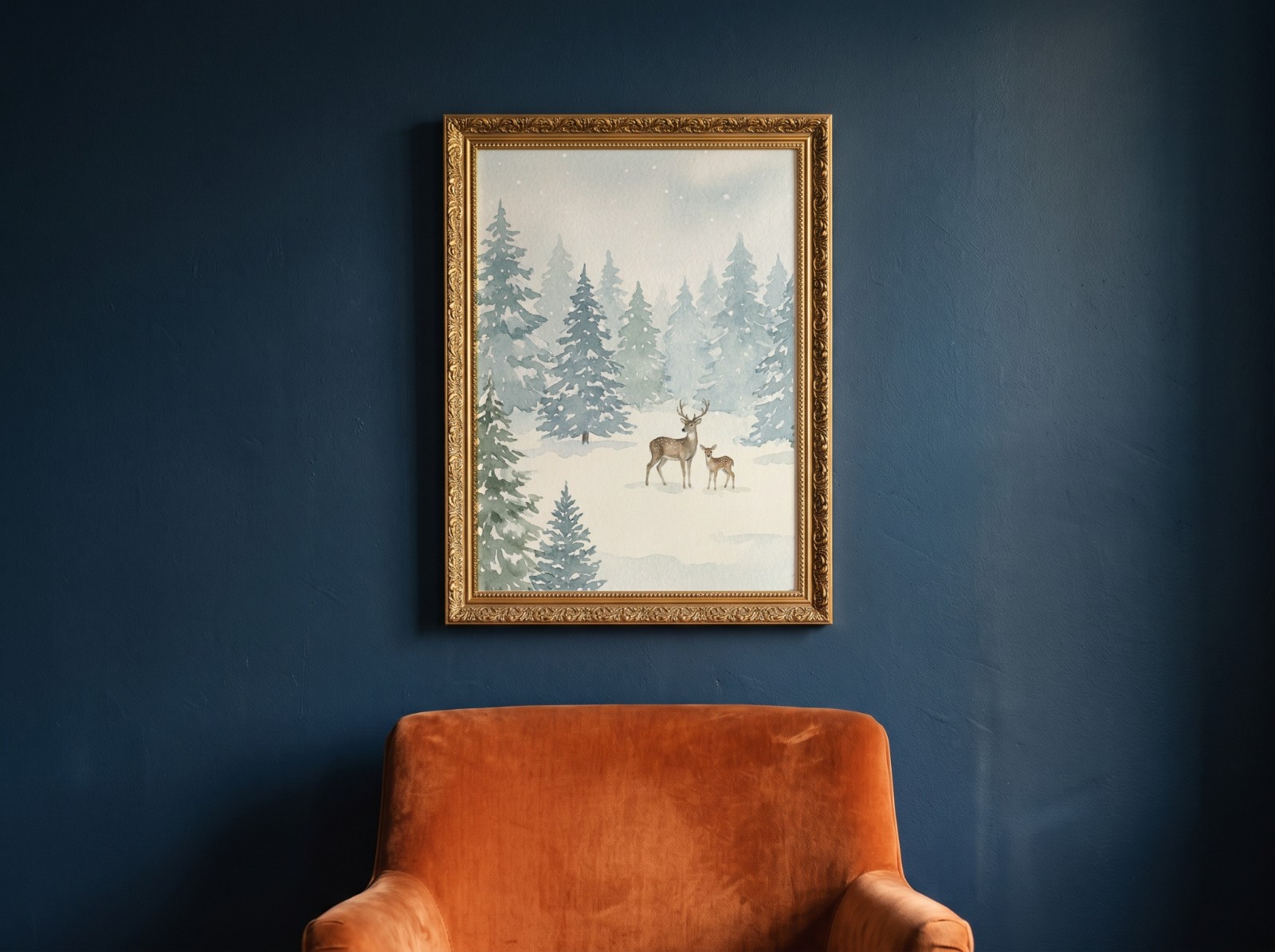 Ornate Gold Frame Mockup on a Navy Wall above a Velvet Chair example