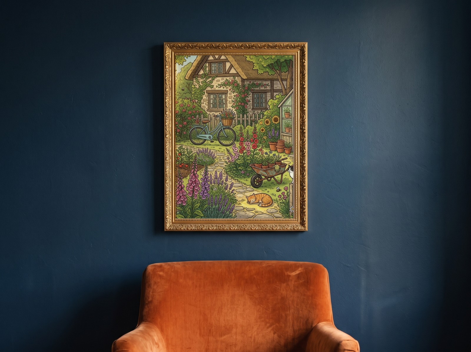 Ornate Gold Frame on a Navy Wall above a Velvet Chair showing a cottage garden illustration