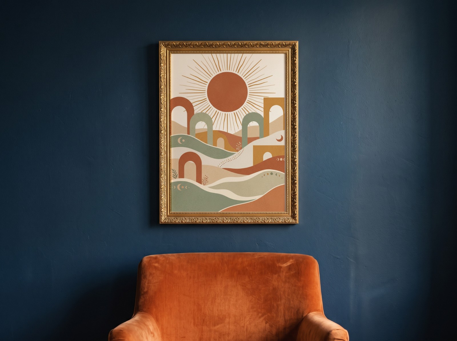 Ornate Gold Frame on a Navy Wall above a Velvet Chair showing a boho sun wall art