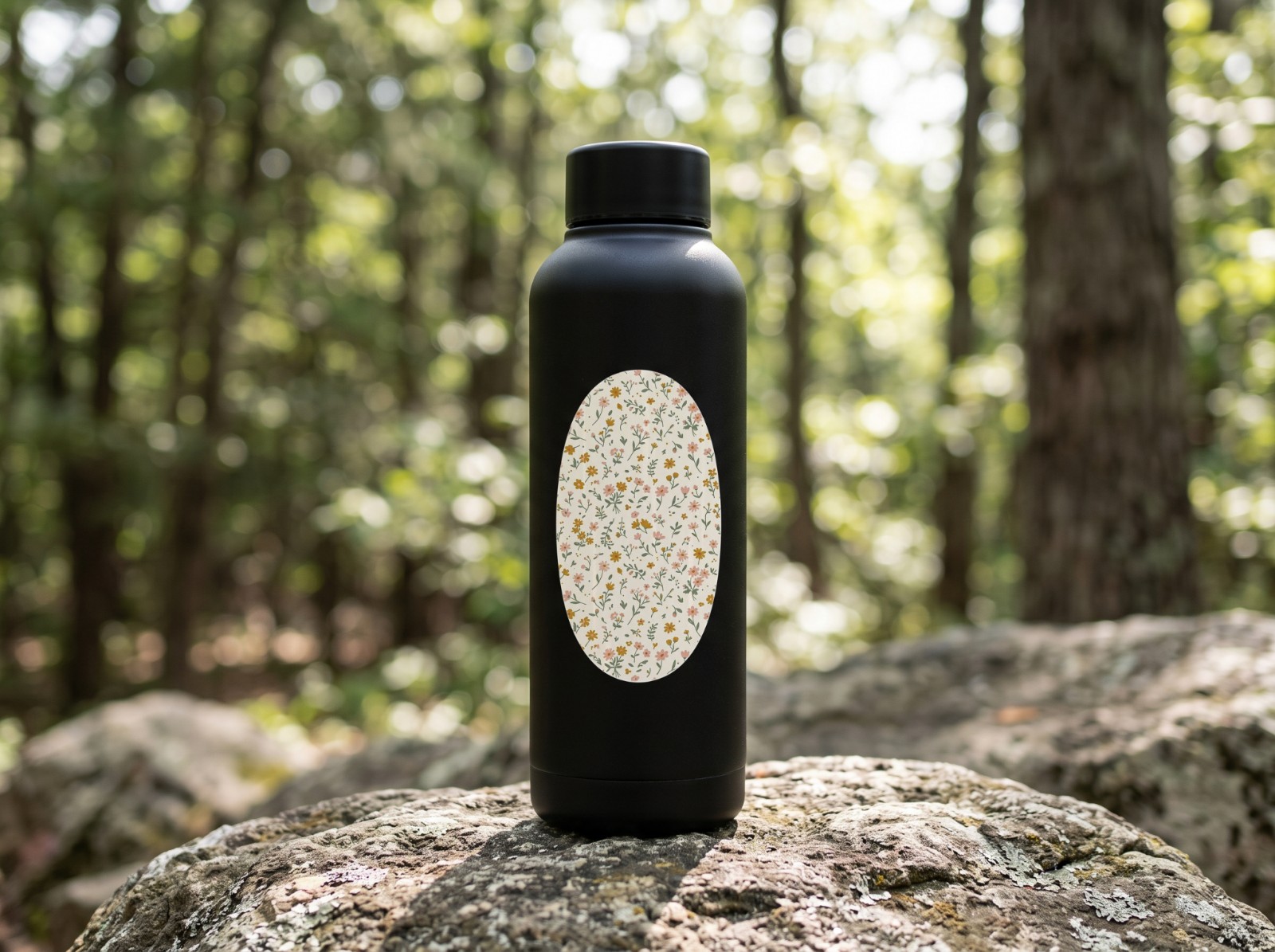 Oval Vinyl Sticker on a Black Water Bottle in a Forest showing a ditsy wildflower pattern