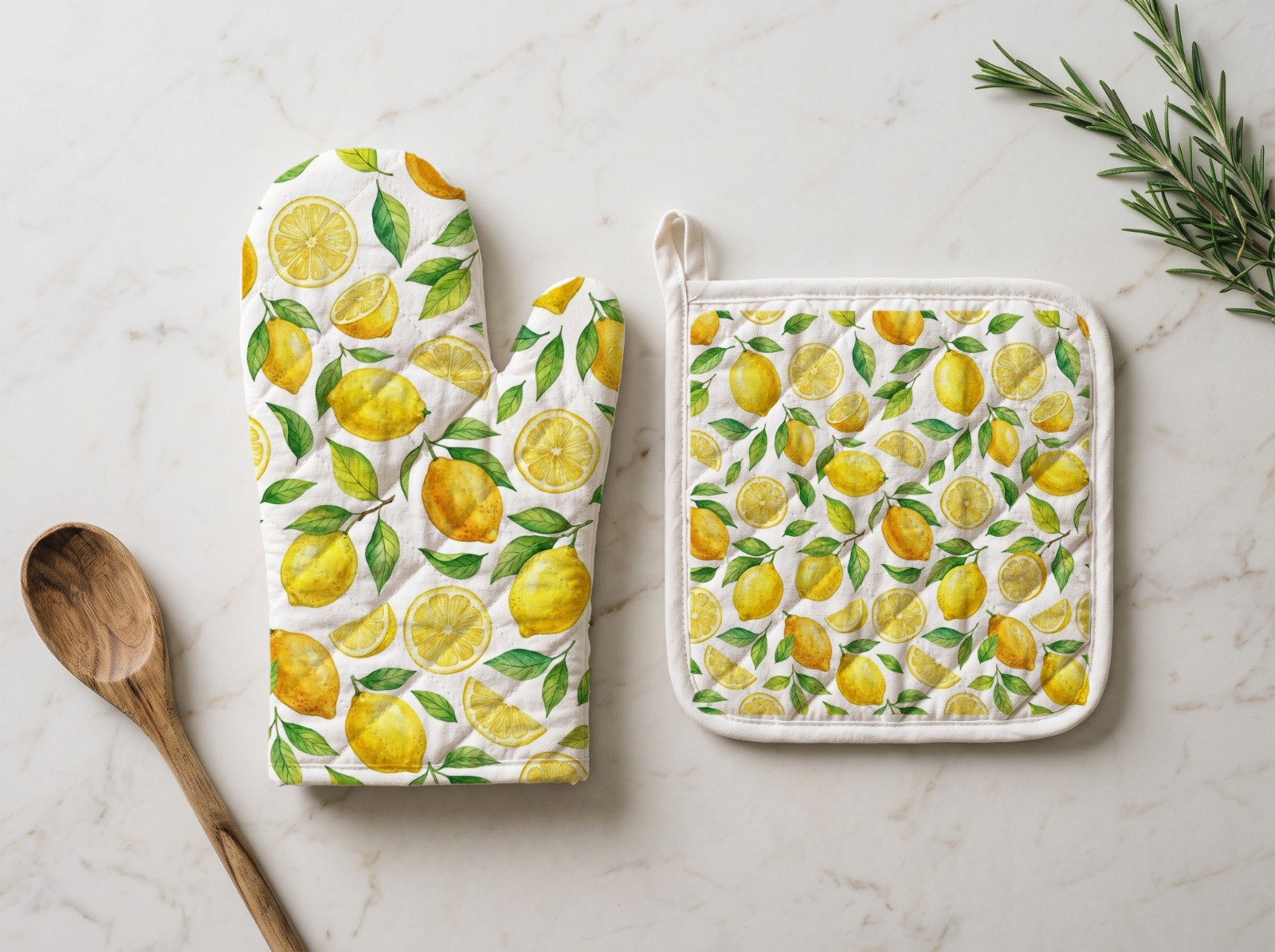 Oven Mitt and Pot Holder Set Mockup on a Marble Counter example