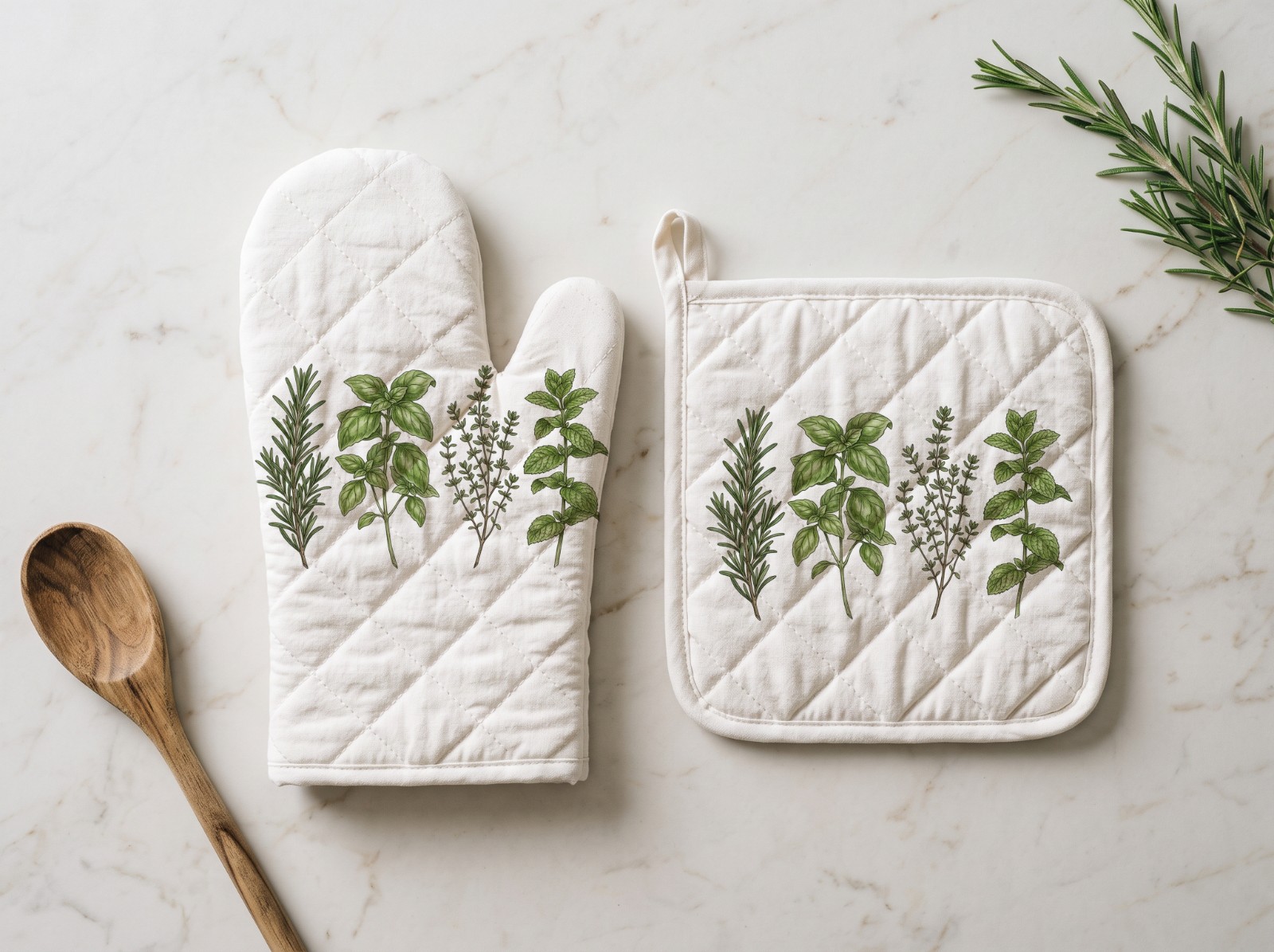 Oven Mitt and Pot Holder Set on a Marble Counter showing a kitchen herbs illustration