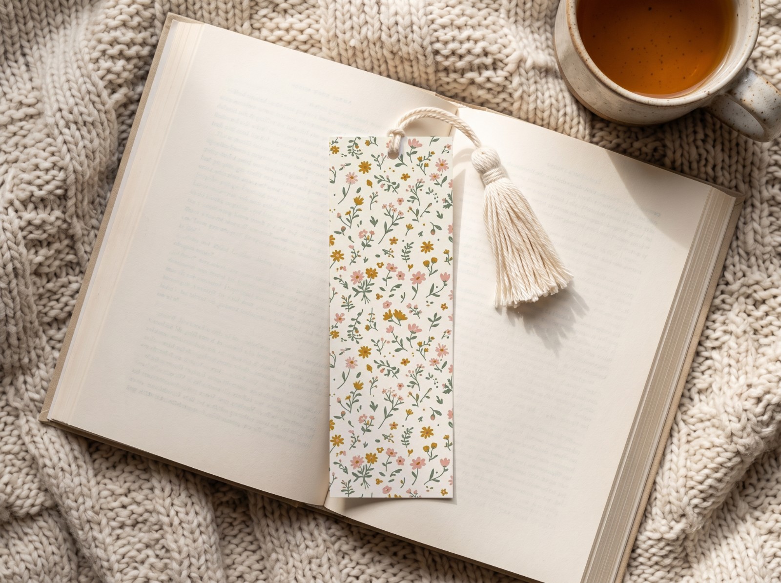 Paper Bookmark with Tassel on an Open Book showing a ditsy wildflower pattern