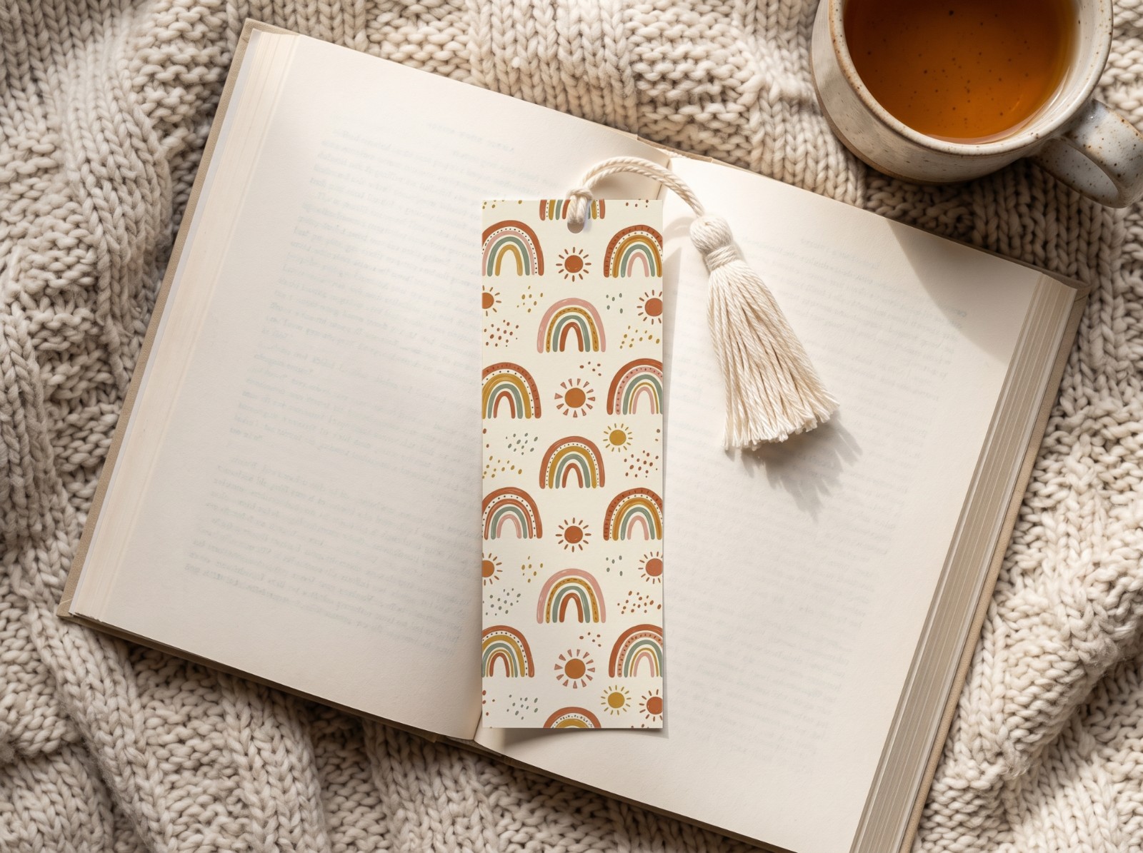 Paper Bookmark with Tassel on an Open Book showing a boho rainbow pattern