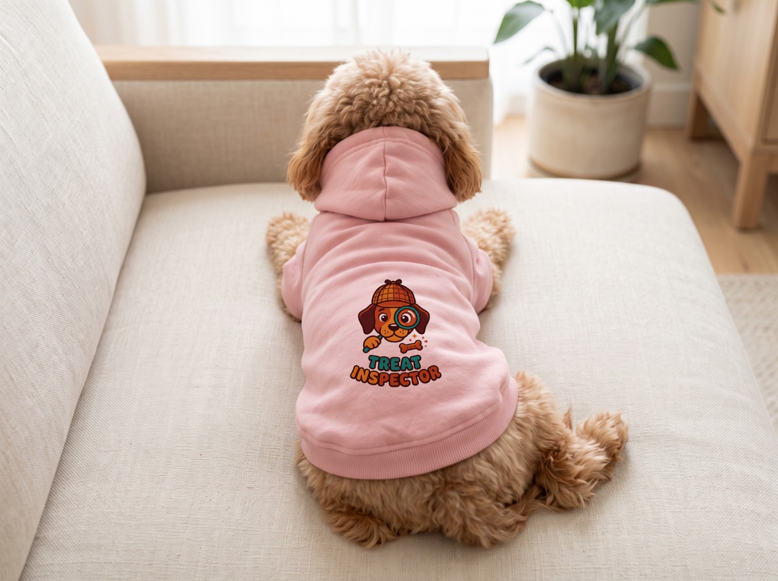 Pink Dog Hoodie on a Cavapoo on a Linen Sofa showing a cartoon Treat Inspector dog design