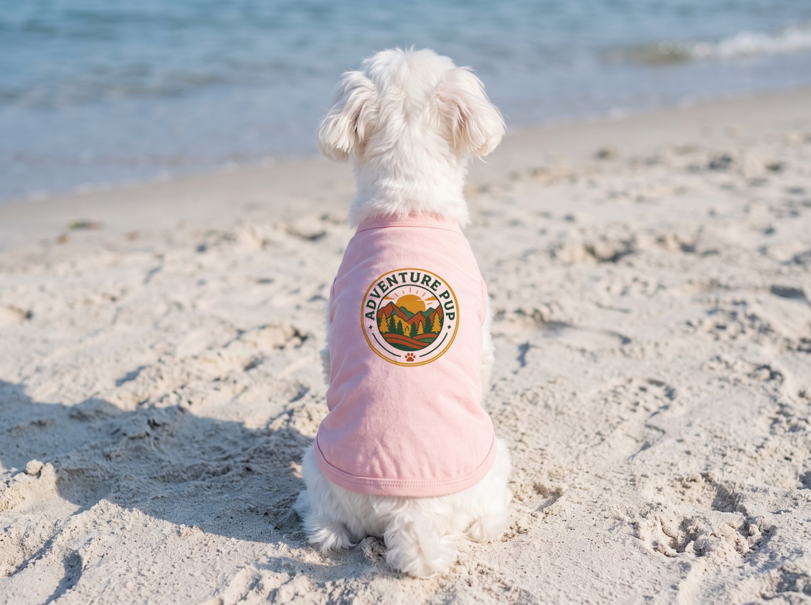Pink Dog T-Shirt Mockup on a Maltese at the Beach example