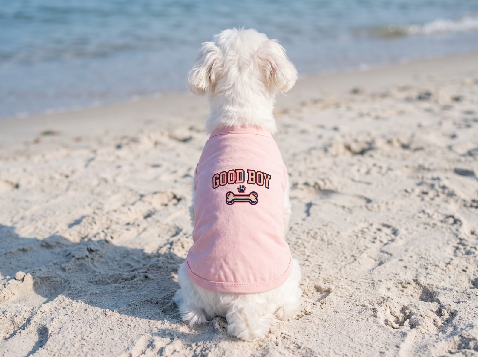 Pink Dog T-Shirt on a Maltese at the Beach showing a retro varsity Good Boy design
