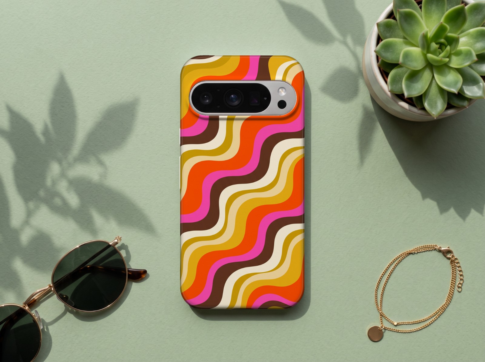 Google Pixel 9 Pro Case on Sage Green showing a retro 70s wavy stripe print