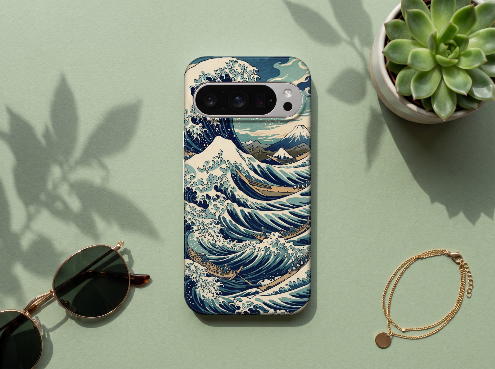 Google Pixel 9 Pro Case on Sage Green showing a Japanese great wave print